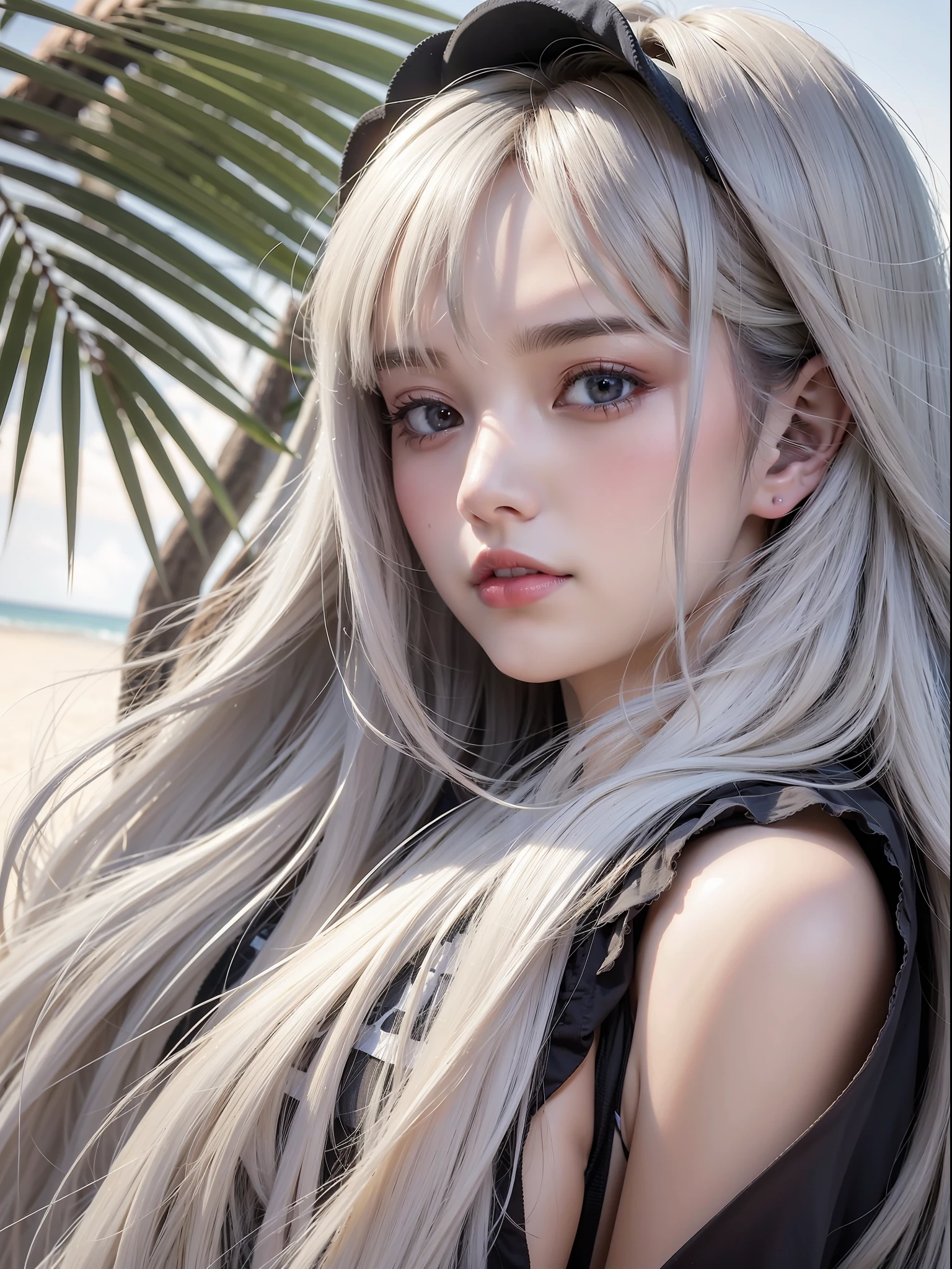 a beautiful female, three kind of styles, Cape hood, skirt, beautiful beach, white sands, sunlight on the female's face, gradient hair, black hair, silver hair, long hair, hair behind ear, eye reflection, panorama, ray tracing, reflection light, chiaroscuro, masterpiece, best quality, high quality, ccurate, anatomically correct, textured skin, high details, UHD, HD