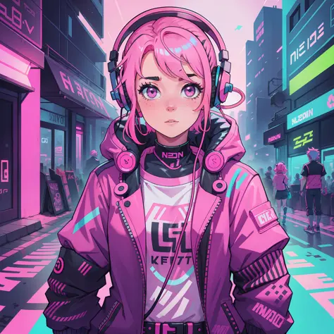 neon street women headphones 1 person pink hair rough