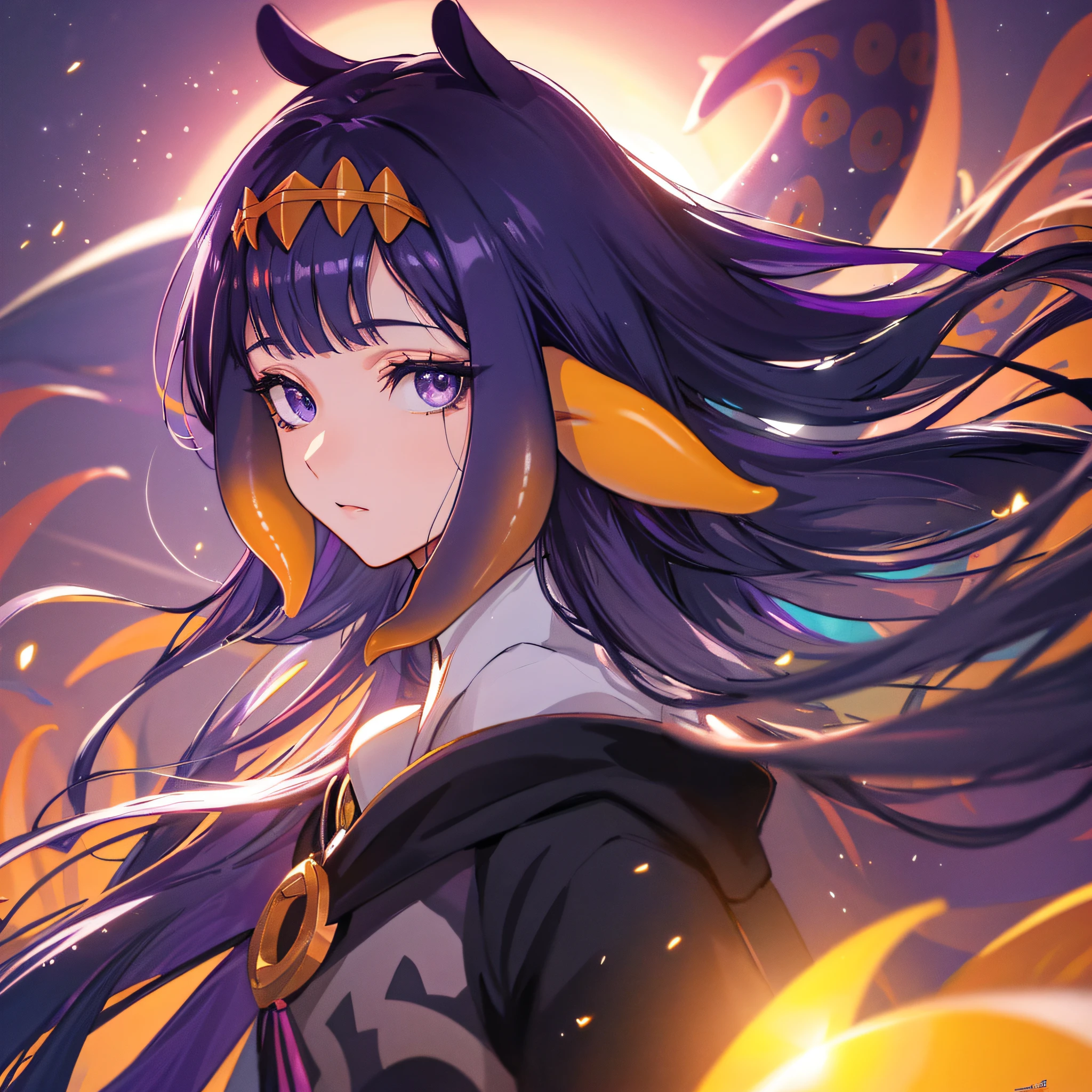 (人物: Ninomae Ina'Nis), {purple hair}, tentacle hair, purple eyes, {{masterpiece}}, best quality, extremely detailed CG unity 8k wallpaper, cinematic lighting, lens flare, beautiful detail eyes, side glance, colorful light, particles, (colorful:1.5),