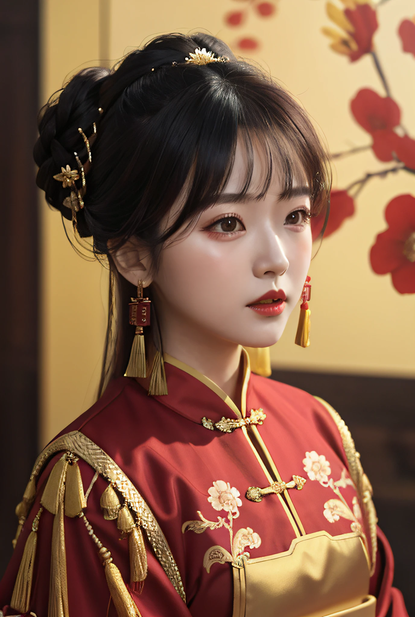 Woman wearing red and gold dress, flower background, palace, hanfu girl, wearing red cheongsam, chinese style, with ancient chinese costume, wearing ancient chinese costume, traditional beauty, Chinese Traditional, chinese girl, cheongsam, chinese costume, chinese princess, hanfu, chinese traditional clothing, chinese costume