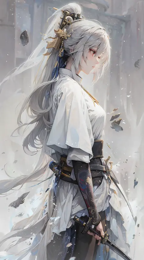 anime girl with long white hair holding a sword and a sword, by Yang J, guweiz on pixiv artstation, guweiz on artstation pixiv, ...