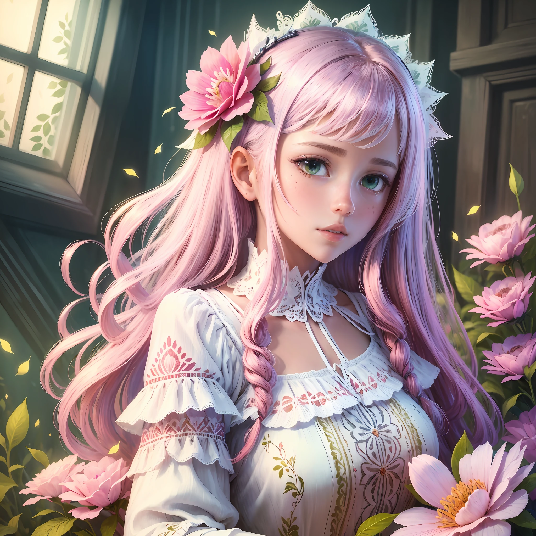 ((masterpiece)),((best quality)),(ultra-detailed),(illustration),((an extremely delicate and beautiful)),(dynamic angle), 
1girl, flowers, spring, beside window, rose, very long hair, detailed face, long eyelashes,  flower in eye,  frilled sleeves, corset, tiara, princess, 
green eyes, wide-eyed, clear sky, daylight, sunny, pink and white dress, flowers, hair ornament,  white lace-trimmed legwear, pink hair,  hair flower, patterned clothing, floral print, candy patterned dress,  (lo sweet:1.4), --auto --s2