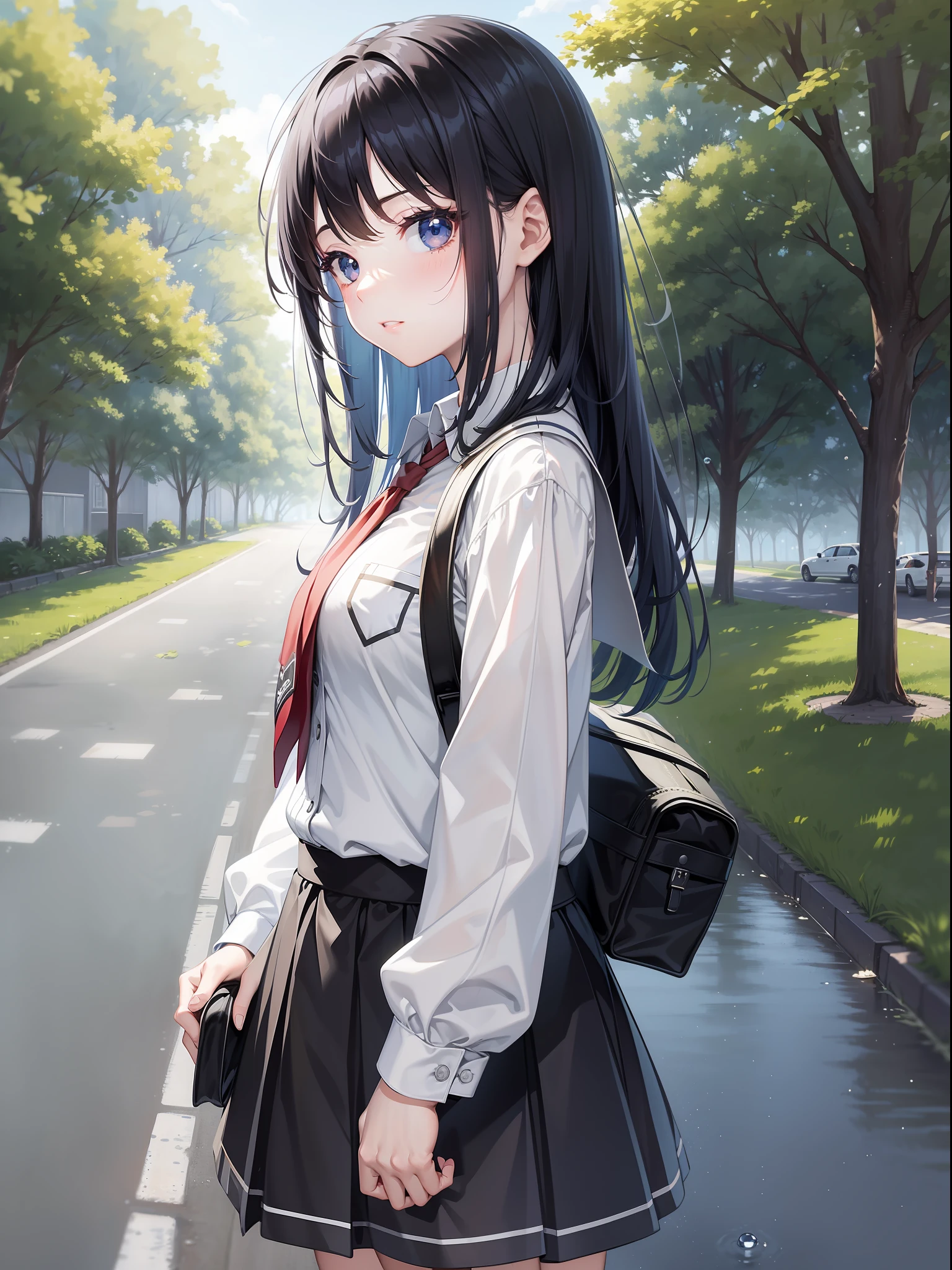 a beautiful female, walk on the schoo road, the girl flicks her long gair and picks a school bag, wearing , two side of trees besid the road, wind blow, paddle of water on the ground, a drip of water drop from the tress, pieces of levies fall down, long hair, gradient hair, blue hair, silver hair, black hair, cowboy shot, first-person view, ray tracing, reflection light, anime style, masterpiece, high quality, anatomically correct, ccurate, super detail, UHD, HD