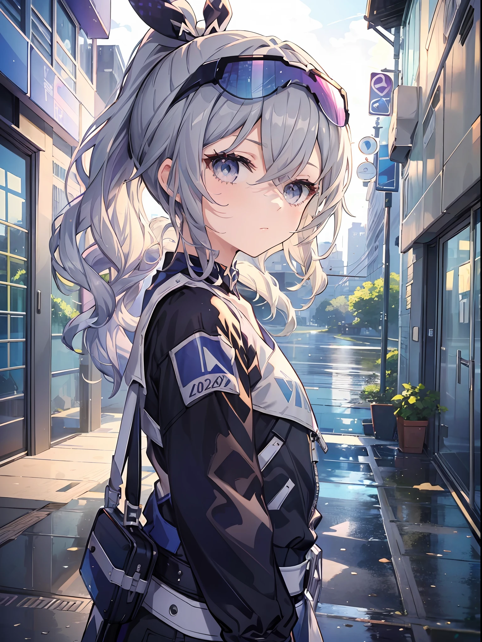 Exquisite masterpiece, best quality, illustration style, an anime girl with a curly ponytail, beautiful eyes, summer, sports outfit, blue-purple gradient goggles, small, heartwarming, youthful and beautiful, heroic and sassy, black and white matching, gray hair, showing a natural casual style. The dynamic posture contains the golden section, large aperture portrait, white space, strong contrast between light and shadow, super texture, super clear and concise picture, presenting extremely beautiful, elegant temperament, delicate facial expressions, urban background