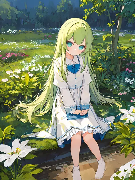 Masterpiece, best quality, a girl with long hair, soft white clothes, alone in a never-ending flower field