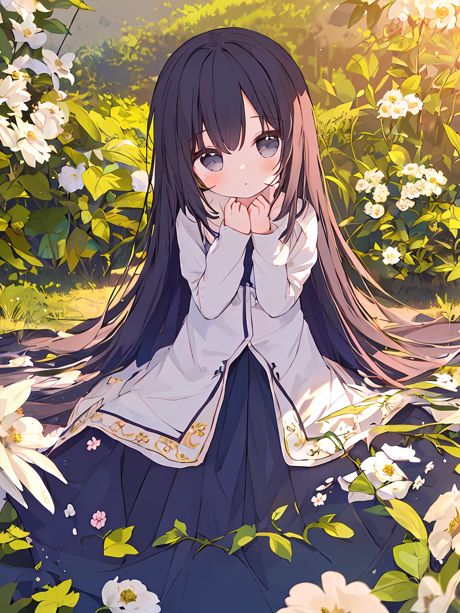 Masterpiece, best quality, a girl with long hair, soft white clothes, alone in a never-ending flower field