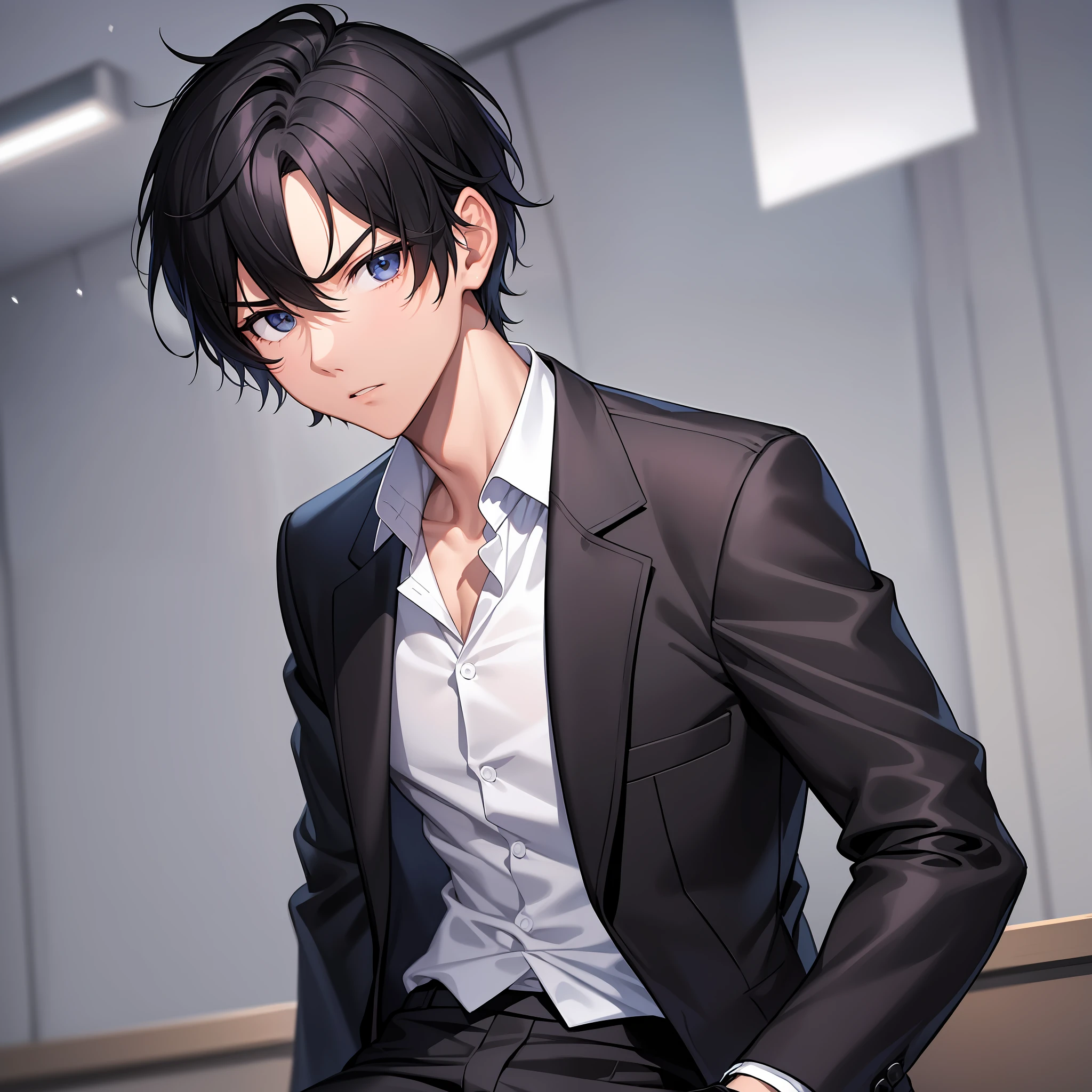 A boy, young, black hair, short hair, serious face, Room with money, white shirt, black pants, black gloves