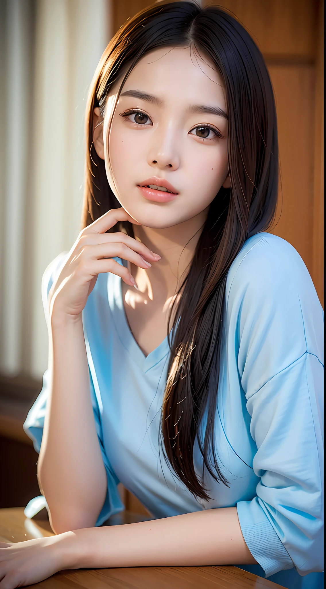 (yinchuan:1.5), close-up, masterpiece, best quality, raw photo, photorealistic, big breasts, beautiful face, soft smile, 20 year old girl, blue t-shirt, white mini skirt, beautiful long legs, middle hair depth of field, high resolution, ultra detail, fine detail, very detailed, highly detailed eyes and face, sharp pupils, realistic pupils,