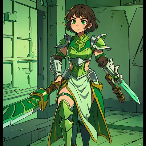 a girl with a green sword, silver armor with green details, anime style, costume, short hair, brown hair, full body --auto --s2