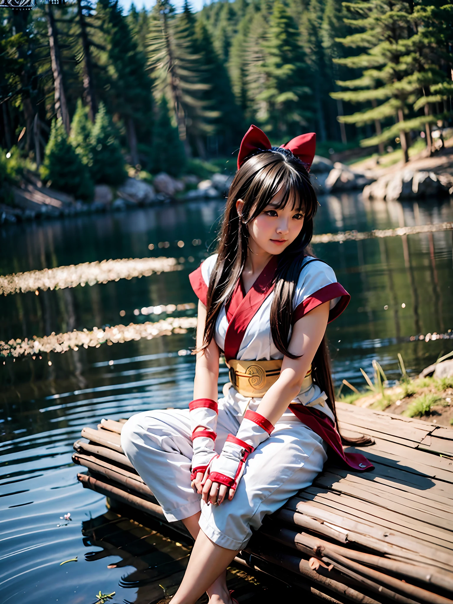 masterpiece, Best quality,1girl, sitting on a log, lake under log, red bow, bow, long hair, hair bow, Ainu clothing, Solo, Hair band, Bird, Black hair, Fingerless gloves, Short sleeves, Gloves, Sash, Pants, Bangs, Red hair band, Weapon, Chest, Brown eyes, White trousers, Barefoot, toes, Japanese clothes, Nakoruru, Light smile, Official Art, (Foot Focus), (Dynamic Angle), Nature background, samurai, onmyoji style, high resolution, dramatic lighting and shadows, sun flare, blurred foreground