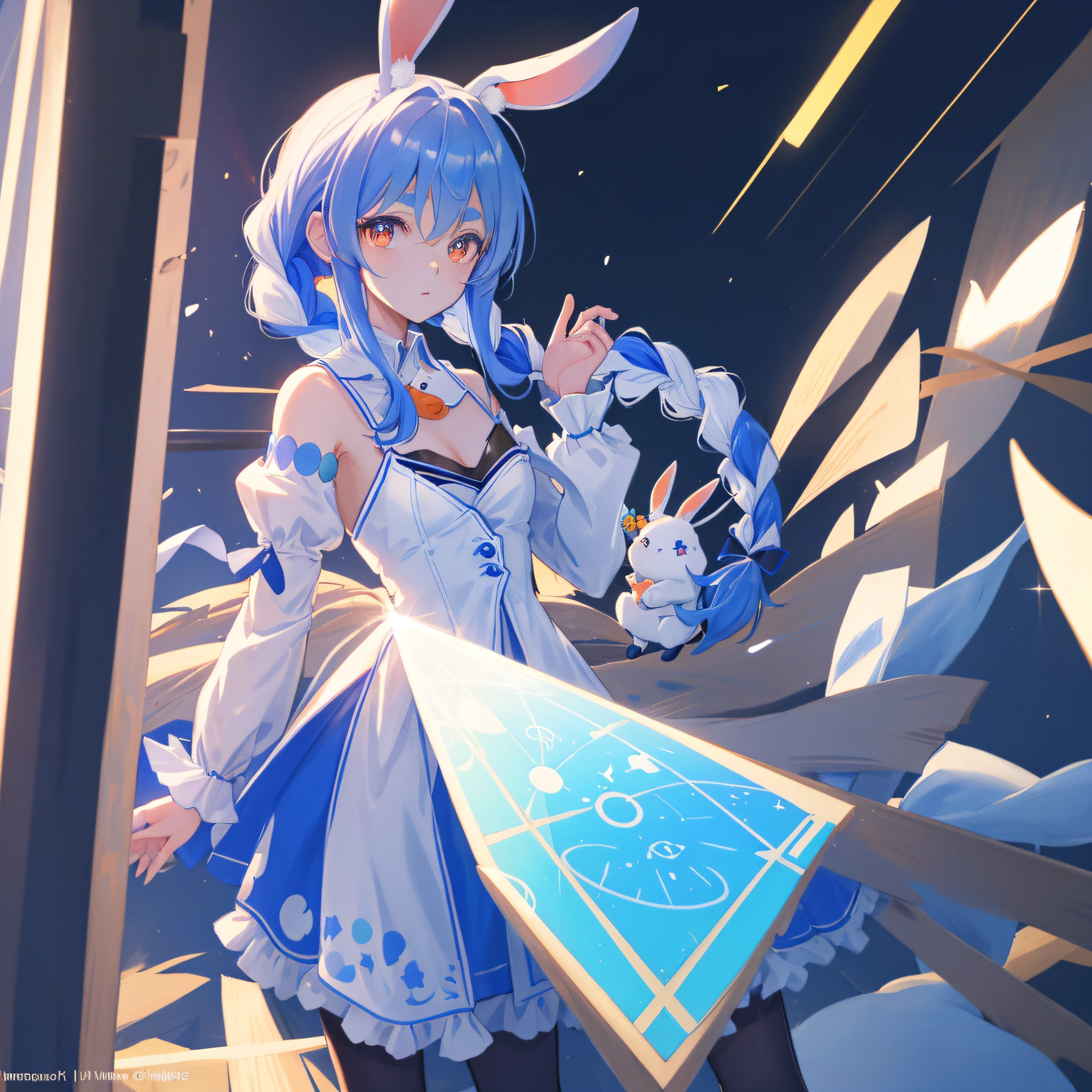 (人物: Usada Pekora), bunny girl, blue hair, twin braids, a girl, solo, {{masterpiece}}, best quality, extremely detailed CG unity 8k wallpaper, cinematic lighting, lens flare, beautiful detail eyes, side glance, colorful light, particles, (colorful:1.5),