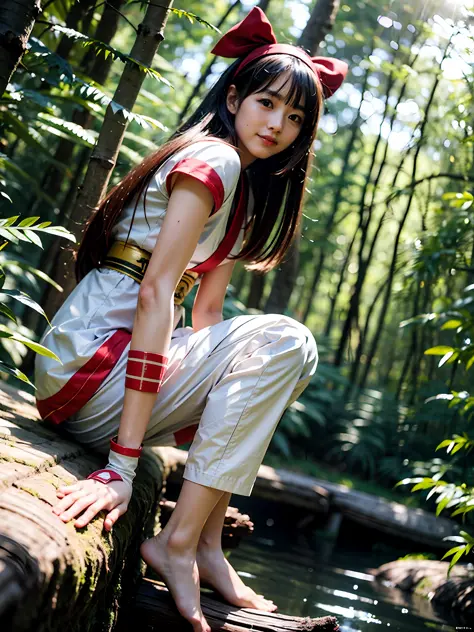 masterpiece, best quality,1girl, sitting on a log, lake under log, red bow, bow, long hair, hair bow, ainu clothing, solo, hair ...