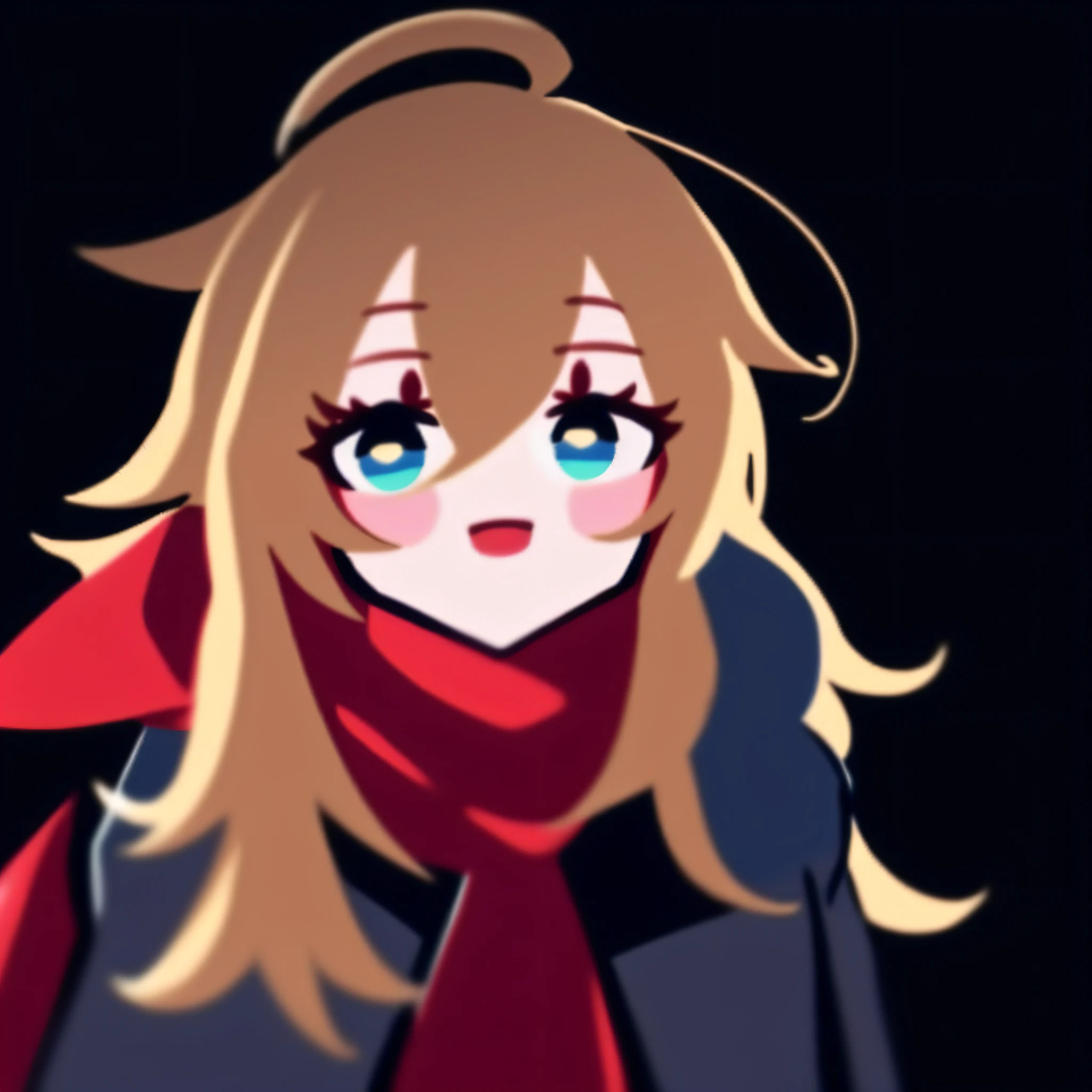 twitch emote, anime, a woman with a bright red scarf on her head looking at the camera, blonde hair, blue eyes, messy long hair, ahoge, black jacket
