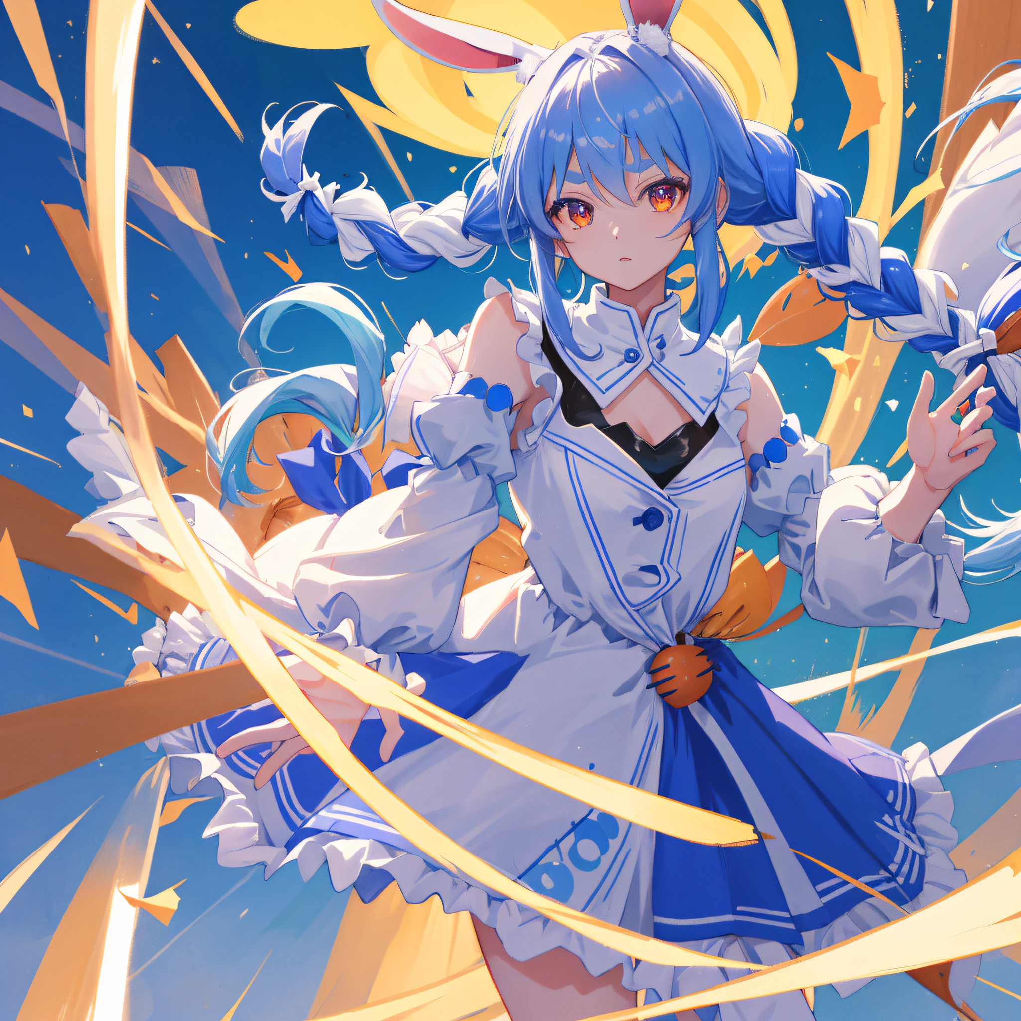 (人物: Usada Pekora), bunny girl, blue hair, twin braids, a girl, solo, {{masterpiece}}, best quality, extremely detailed CG unity 8k wallpaper, cinematic lighting, lens flare, beautiful detail eyes, side glance, colorful light, particles,