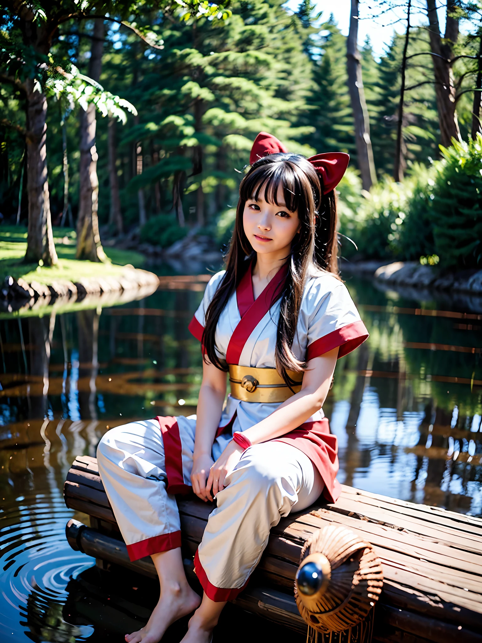 masterpiece, Best quality,1girl, sitting on a log, lake under a log, red bow, bow, long hair, hair bow, Ainu clothing, solo, hair band, bird, black hair, fingerless gloves, short sleeves, gloves, sash, pants, bangs, red hair band, weapon, chest, brown eyes, white pants, barefoot, toes, kimono, nakoruru, light smile, official art, from the front, from the bottom, (foot focus), ( Dynamic Angle), Nature Background, Samurai, Onmyoji Style, High Resolution, Dramatic Lighting and Shadows, Sun Flare, Blurred Foreground