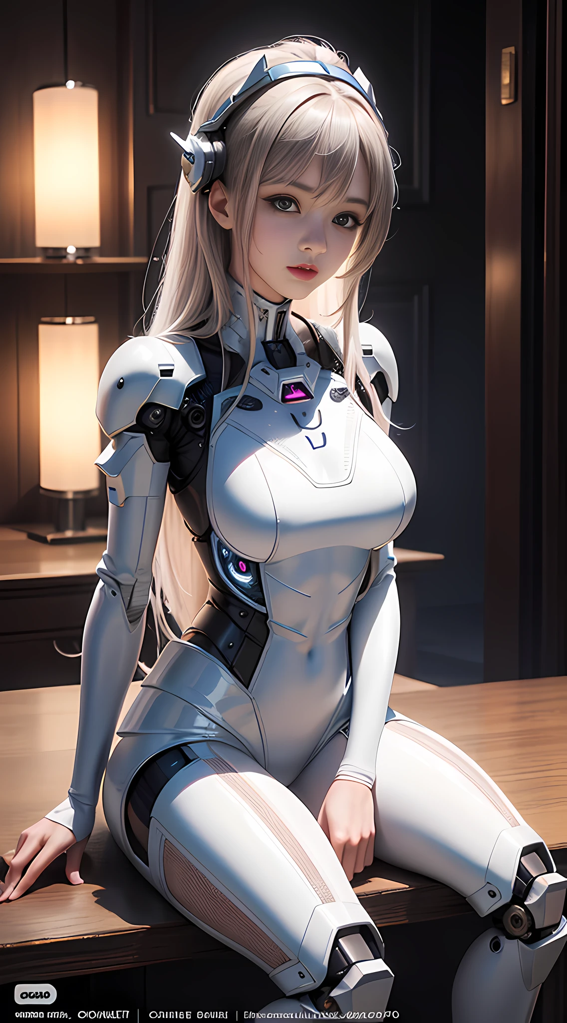 Realism, a woman in white lace (lace, full robot suit: 1.55) (sitting table: 1.5) (body turn to viewer: 1.2), (head to left: 1.8), (cross legs: 1.4), gray hair, cyborg, robot parts, beautiful and detailed body and face, sakimichan hdri, amouranth, beautiful and detailed orixa, 2049, chiaki nanami, african futuristic, made in maya, sam yang, 2070, cyborg, robot part, 150mm, beautiful studio soft light, edge light, vibrant details, luxurious cyberpunk, lace, surrealism, anatomy, facial muscles, cable wire, microchip, elegant, beautiful background, octane rendering, 8k, best quality, masterpiece, illustration, very refined and beautiful, very detailed, CG, unified, wallpaper, (realistic, Realism: 1.37), stunning, fine details, masterpiece, best quality, official art, very detailed CG unified 8k wallpaper, ridiculous, incredibly ridiculous, robot, silver helmet, (full body: 1.4), sitting, (nsfw: 1.2),