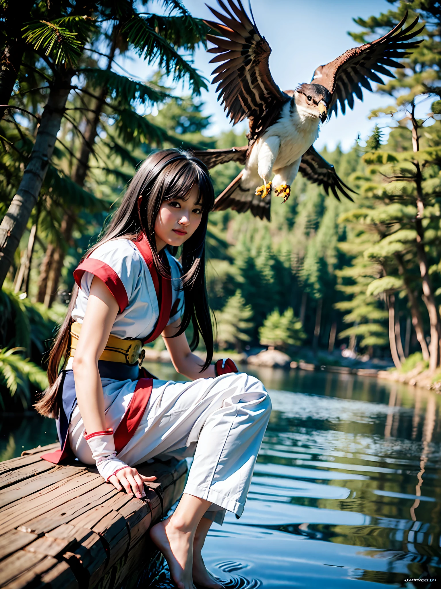 masterpiece, Best quality,1girl, sitting on a log, lake under a log, red bow, bow, long hair, hair bow, Ainu clothing, solo, hair band, bird, black hair, fingerless gloves, short sleeves, gloves, sash, pants, bangs, red hair band, weapon, chest, brown eyes, white pants, barefoot, toes, kimono, nakoruru, light smile, official art, from the front, from the bottom, (foot focus), ( Dynamic Angle), Nature Background, Samurai, Onmyoji Style, High Resolution, Dramatic Lighting and Shadows, Sun Flare, Blurred Foreground