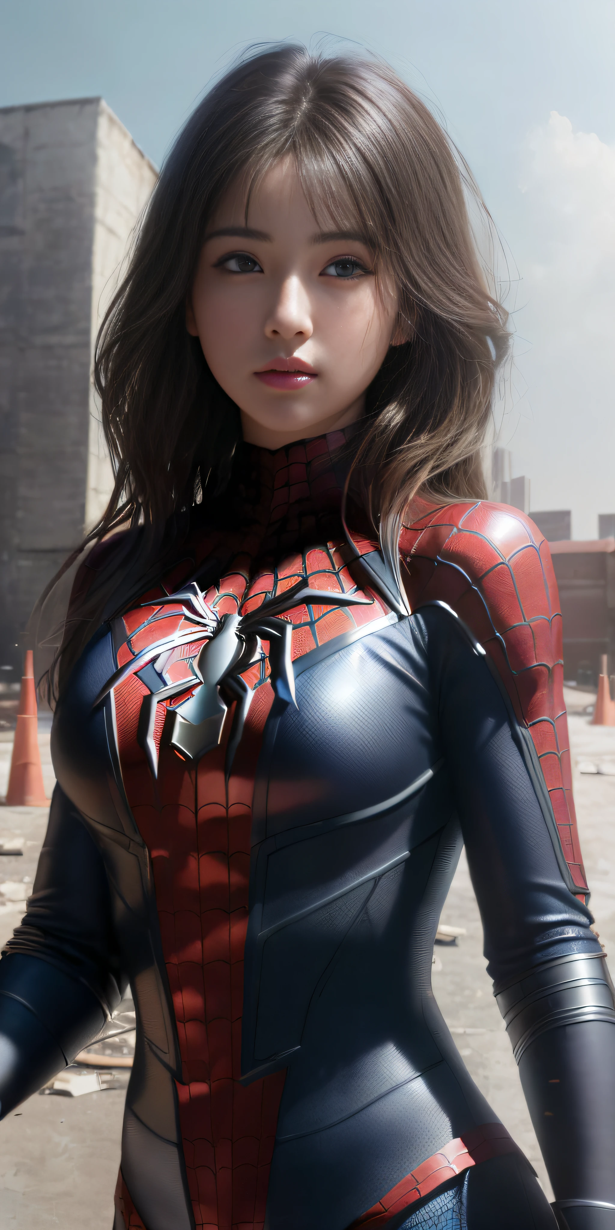 (1girl:1.3), solo, (((extremely detailed face))),(((extremely detailed eyes and face))),beautiful detailed eyes,body-parts__, official art, unified 8k wallpaper, super detailed, beautiful and aesthetic, beautiful, masterpiece, best quality, raw, masterpiece, super fine photo, best quality, super high resolution, photorealistic realism, sunlight, full body portrait, amazing beauty,, dynamic pose, delicate face, vibrant eyes, (from the front), she is wearing a Spider-man suit, red and black color scheme, spider, very detailed abandoned warehouse background, Detailed face, detailed complex busy background, messy, gorgeous, milky white, highly detailed skin, realistic skin details, visible pores, sharp focus, volumetric fog, 8k uhd, DSLR, high quality, film grain, fair skin, photo realism, lomography, huge metropolis in future dystopia, seen from below, translucent