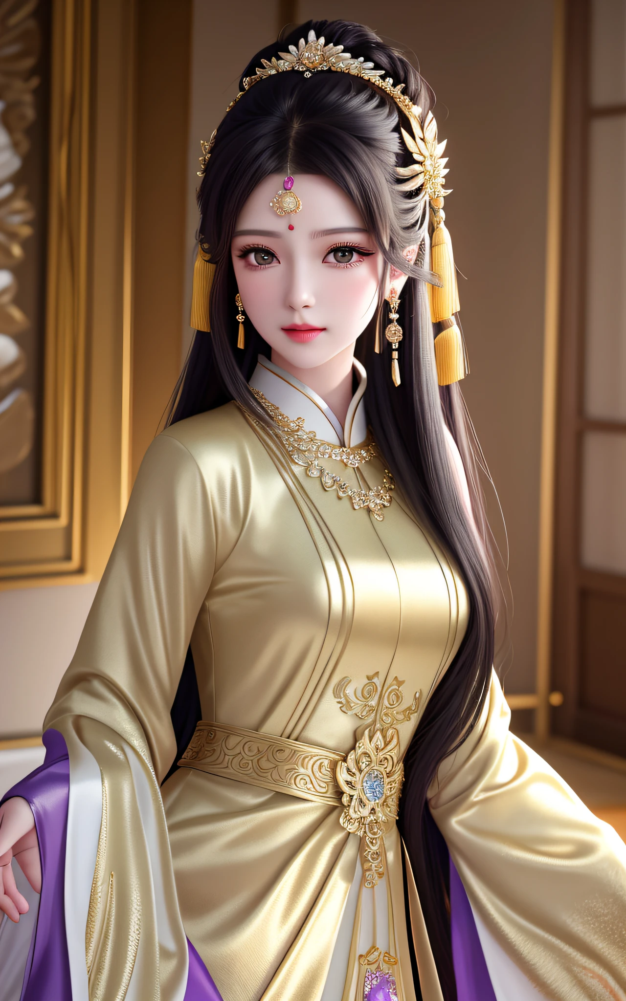 best quality, masterpiece, high resolution, 1girl, chinese wedding dress, hair accessories, necklaces, jewelry, beautiful face, upon_body, tyndall effect, realistic, dark studio, edge lighting, two-tone lighting, (high detail skin: 1.2), 8k UHD, DSLR camera, soft lighting, high quality, volumetric lighting, frankness, photo, high resolution, 4k, 8k, bokeh, a purple costume, a gold band in her hair, black hair and black eyes, straight facial features, The skin is white and tender, the expression is gentle, and he looks into the distance. Her hair was coiled in a bun, her head was decorated with elaborate hair ornaments, and her sides were tied with taupe gold silk hairbands that hung down and had bead tassels at the ends. The whole standing painting presents a 2.5-dimensional style, with smooth lines, clear contours, and full shapes, showing the grace and nobility of this ancient beauty