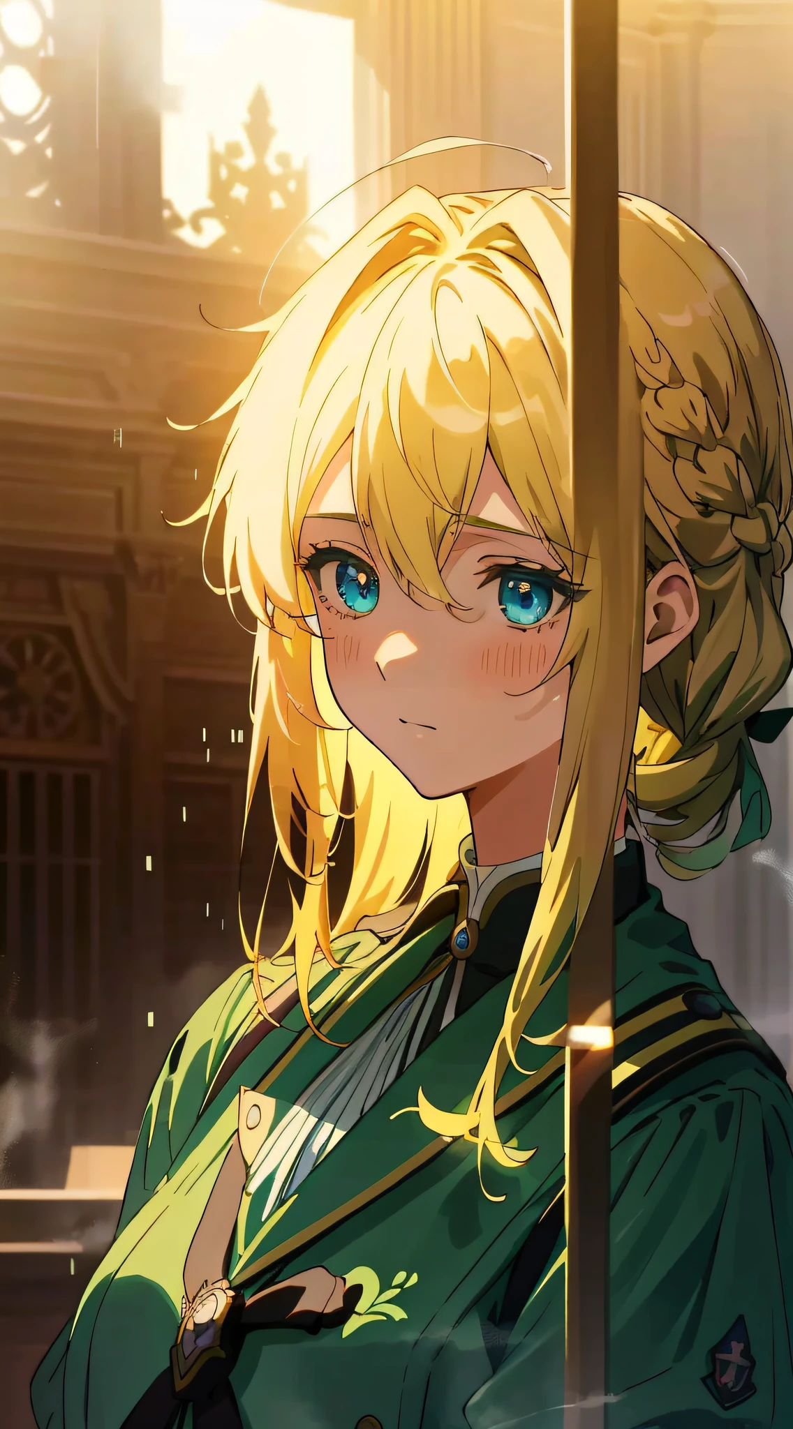 Best quality, masterpiece, highly detailed, anime, 1 girl, upper body, this painting depicts a beautiful girl in a green military uniform, perfect face, blonde hair, blue eyes, glowing eyes, green military uniform, battlefield background, looking at the audience, exuding an aura of sadness, a girl with blonde hair and blue eyes, in the animated film, violet Evergarden, anime movie screenshots, today's featured anime stills, anime vision of cute girls, the whole painting uses ((((mist))) aesthetics, The performance of light and shadow effects is comparable to the color effect of color photon effects. This lady looks very feminine, but with some braid elements, and the image is very detailed.