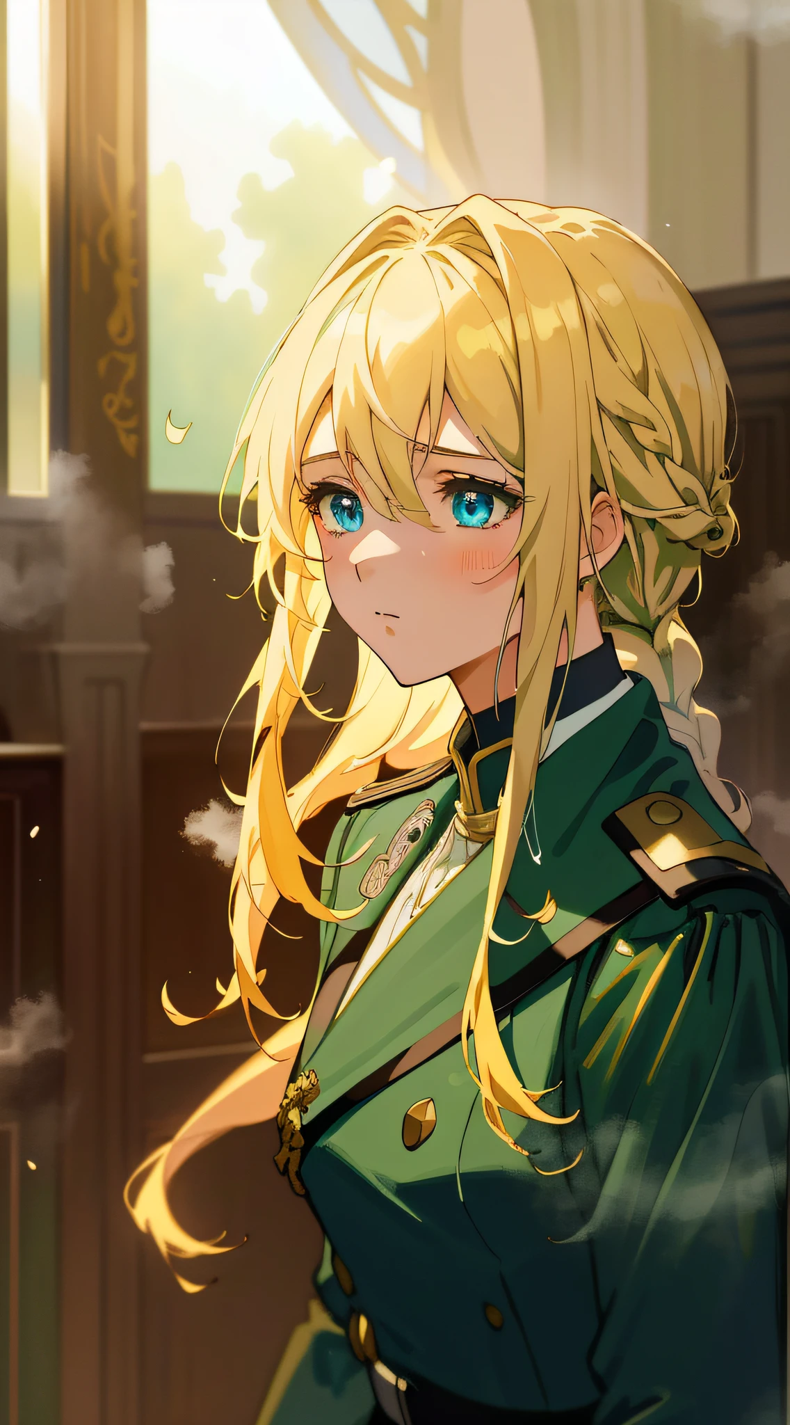 Best quality, masterpiece, highly detailed, anime, 1 girl, upper body, this painting depicts a beautiful girl in a green military uniform, perfect face, blonde hair, blue eyes, glowing eyes, green military uniform, battlefield background, looking at the audience, exuding an aura of sadness, a girl with blonde hair and blue eyes, in the animated film, violet Evergarden, anime movie screenshots, today's featured anime stills, anime vision of cute girls, the whole painting uses ((((mist))) aesthetics, The performance of light and shadow effects is comparable to the color effect of color photon effects. This lady looks very feminine, but with some braid elements, and the image is very detailed.