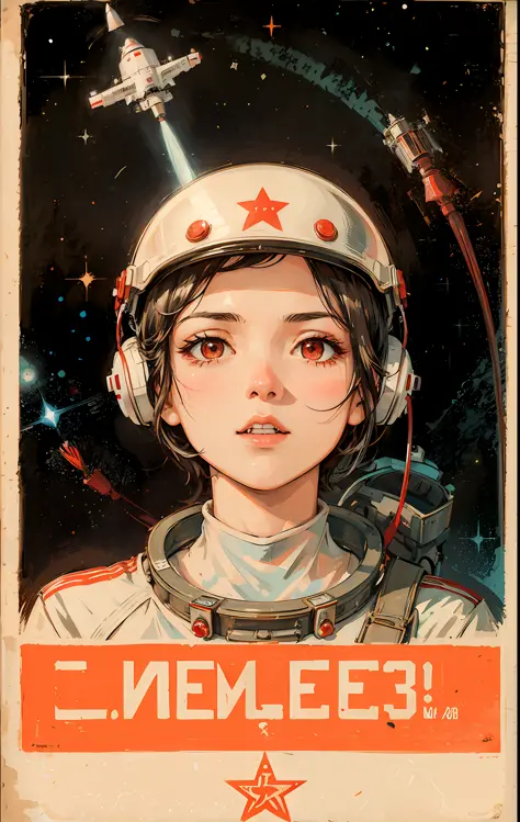 1girl, flat chested, cute, beautiful detailed eyes, shiny hair, visible through the hair, hair between the eyes, CCCPposter, sovietposter, red monochrome, Soviet poster, USSR, communism, black hair, red eyes, vampire ,girl,small breasts,spacesuit:Orange_cl...