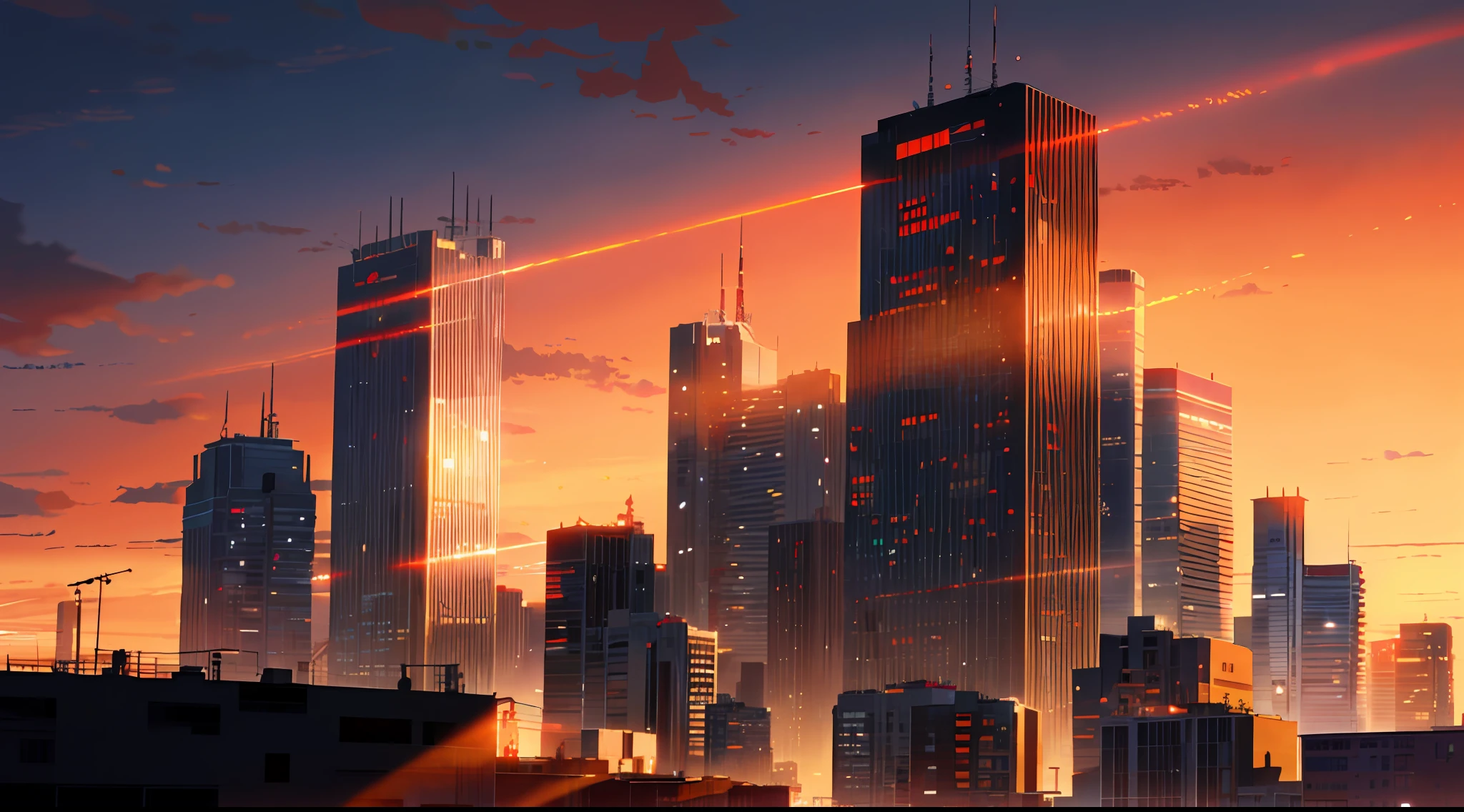 (шедевр: 1.2, высшее качество), (Осветительные приборы) 3, подробные иллюстрации в стиле аниме, городские здания, окрашенные в лучи заходящего солнца, смотрят снизу вверх, здания в тени и выглядят темными и туманными. Весь экран ярко-красный, Макото Синкай, Аниме стиль, и небо тоже окрашено в ярко-красный цвет.