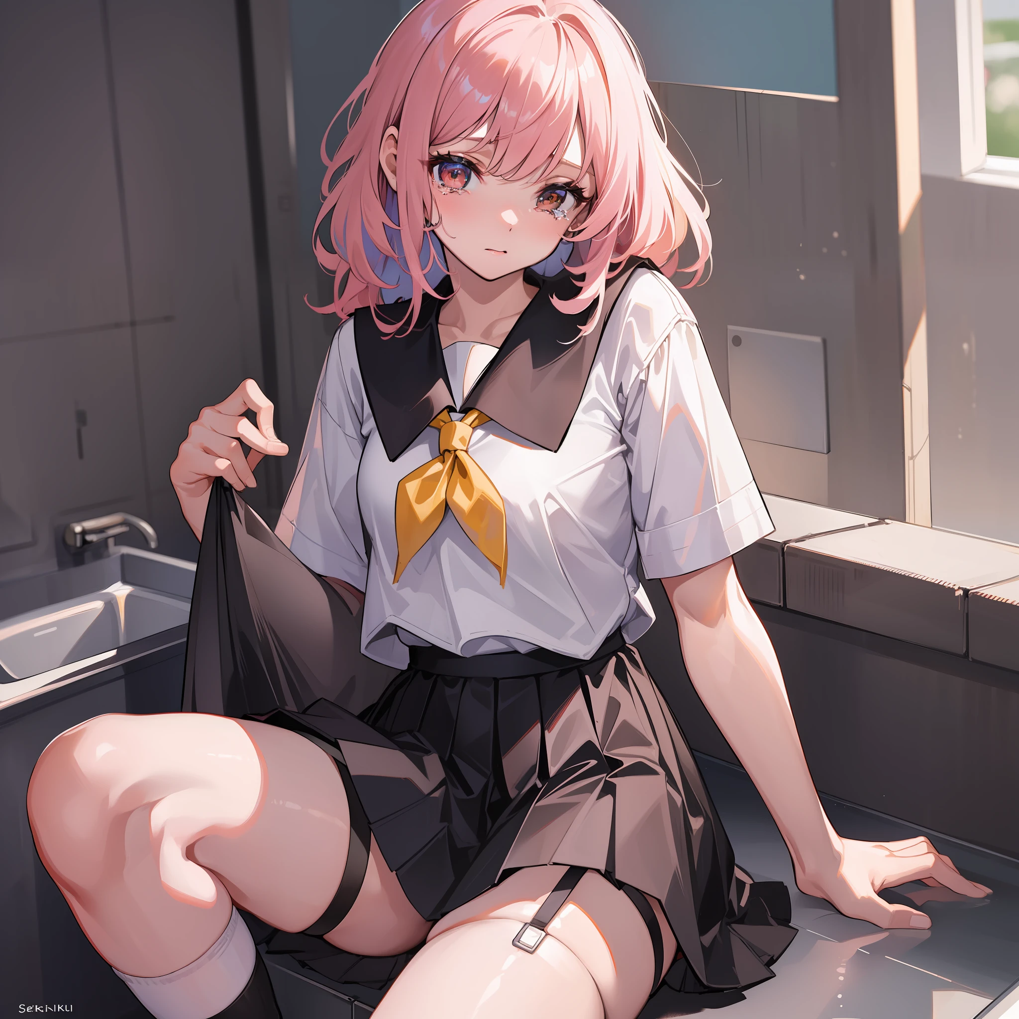(name), ((best quality)), (super detail), 1 girl, pink hair, toilet, urinal, open legs, skirt between the crotch, green panties, brown eyes, 15 years old, garter belt, , skirt, socks, seravuk, neckerchief, sailor collar, pleated skirt, white sock, black skirt, short sleeves, shirt, white shirt, Black sailor color, blue neckerchief, crying face, bangs, small breasts, cleavage, perfect hands, hand detail, fixed fingers, looking_al_Viewer, top quality, rich detail, perfect image quality,