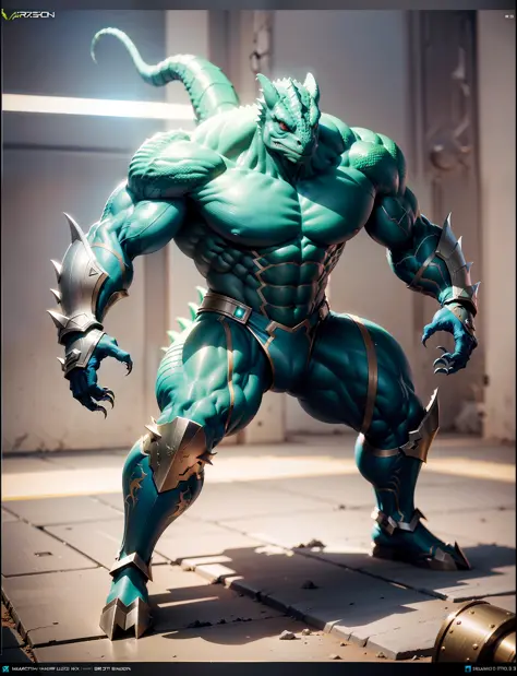 (best image quality)), (masterpiece)), (details: 1.4), 3D, full-body image, image of a man with a terrifying creature of a lizard, dark blue body color, male body, ((muscular and only claws are abnormally large and developed)), cyber body armor, helm with ...