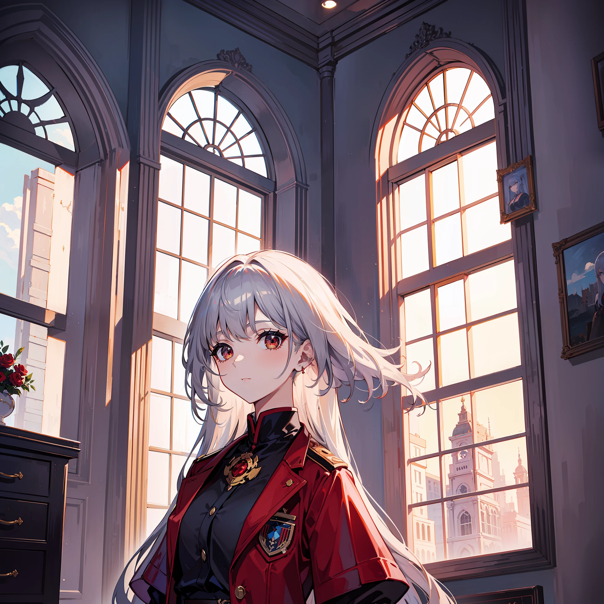 woman, stylish, silver hair, red uniform, by the window, big window, sky reflected in the window, big cloud,