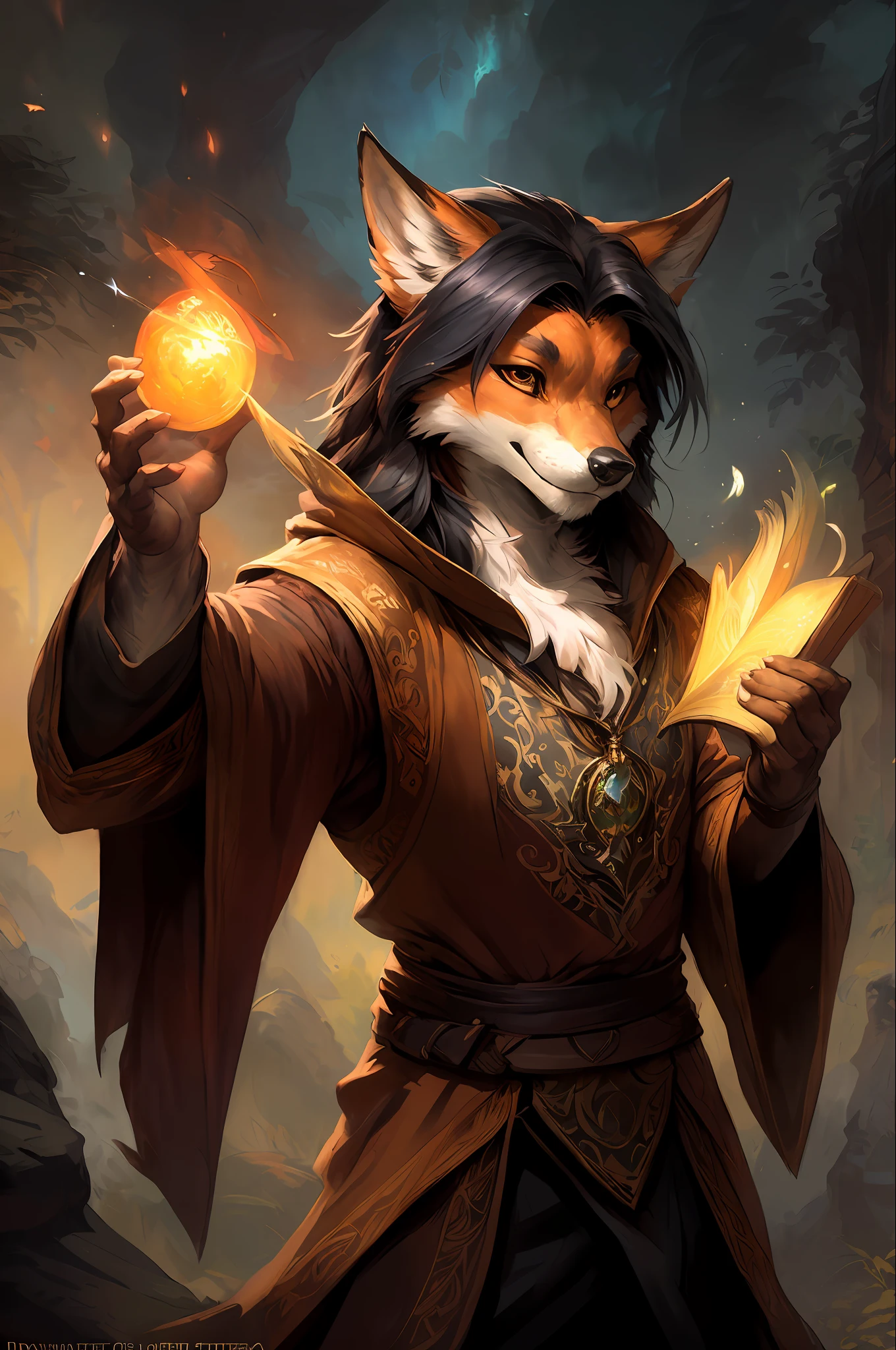 kenket, ross tran, ruan jia, bonifasko, a male fox made out of (wandering wizard), black mane of hairs, fantasy portrait, finely detailed robe, intricate design, magic, silk, cinematic lighting, 4k,