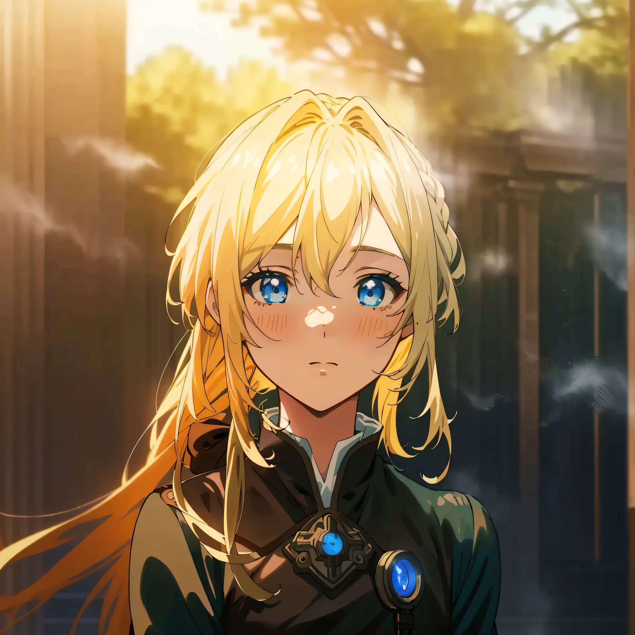 melhor qualidade, obra de arte, Altamente detalhado, anime, 1 garota, tronco, this painting depicts a beautiful girl in a green Fato de campo M40, Rosto Perfeito, cabelo loiro, olhos azuis, olhos brilhantes, Fato de campo M40, Plano de fundo do campo de batalha, olhando para o público, exalando uma atmosfera triste, a blonde girl with olhos azuis, no filme de animação, jardim violeta, captura de tela do filme de anime, fotos de anime em destaque de hoje, visão de anime de garotas bonitas, toda a pintura usa ((((névoa))) estética, O desempenho dos efeitos de luz e sombra é comparável ao efeito de cor do efeito de fóton de cor. Esta senhora parece muito feminina, mas com alguns elementos de trança, e a imagem é muito detalhada.