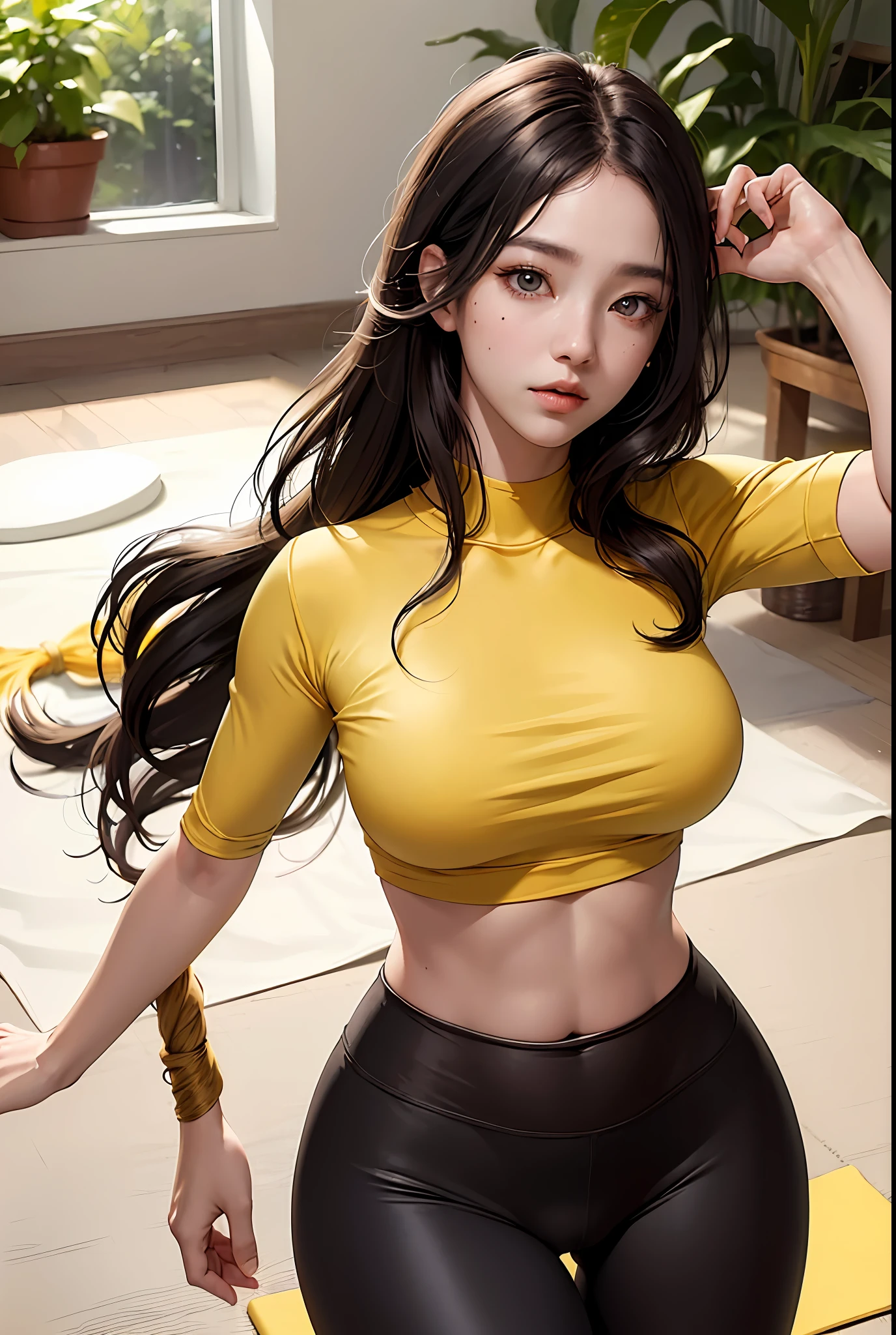 (high resolution, Realistic) portrait of a gorgeous Korean girl with (white wavy hair) and (heterochromic eyes) framed by small moles under her eyes. She's wearing a (loose yellow shirt) and (yoga pants) which showcase her (tight abs) and (camel toes), while her (big breasts) and (long legs) add to the allure.