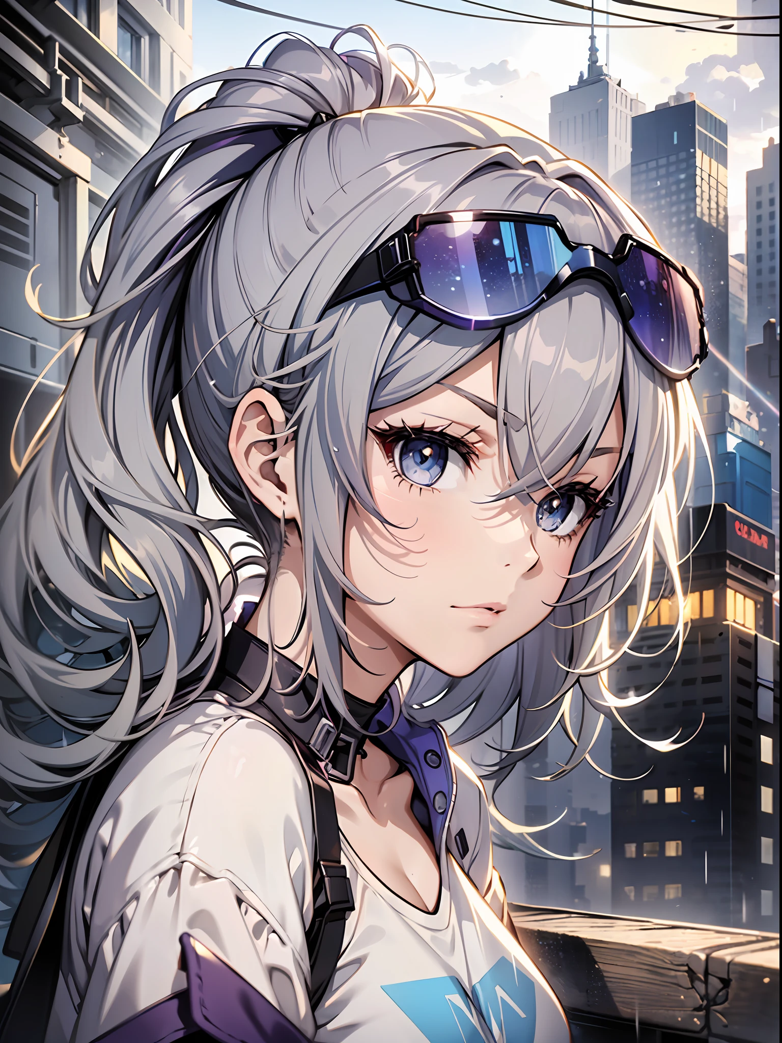 Exquisite masterpiece, the best quality, illustration style, an anime girl with a curly ponytail, beautiful eyes, white short sleeves with jeans, blue-purple gradient goggles, small, heartwarming, youthful and beautiful, heroic and sassy, gray hair, presenting a natural casual style. The dynamic posture contains the golden section, large aperture portrait, white screen, strong contrast between light and shadow, super texture, super clear and concise picture, presenting extremely beautiful, elegant temperament, exquisite facial expressions, city background, after rain, rainbow, and the beginning of the lights