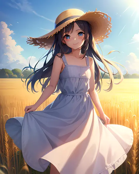 1 girl, standing, smiling, dress, straw hat, delicate face, big eyes, medium chest, depth of field, wheat field, outdoor, sky, sunlight, side face, looking diagonally up, full body