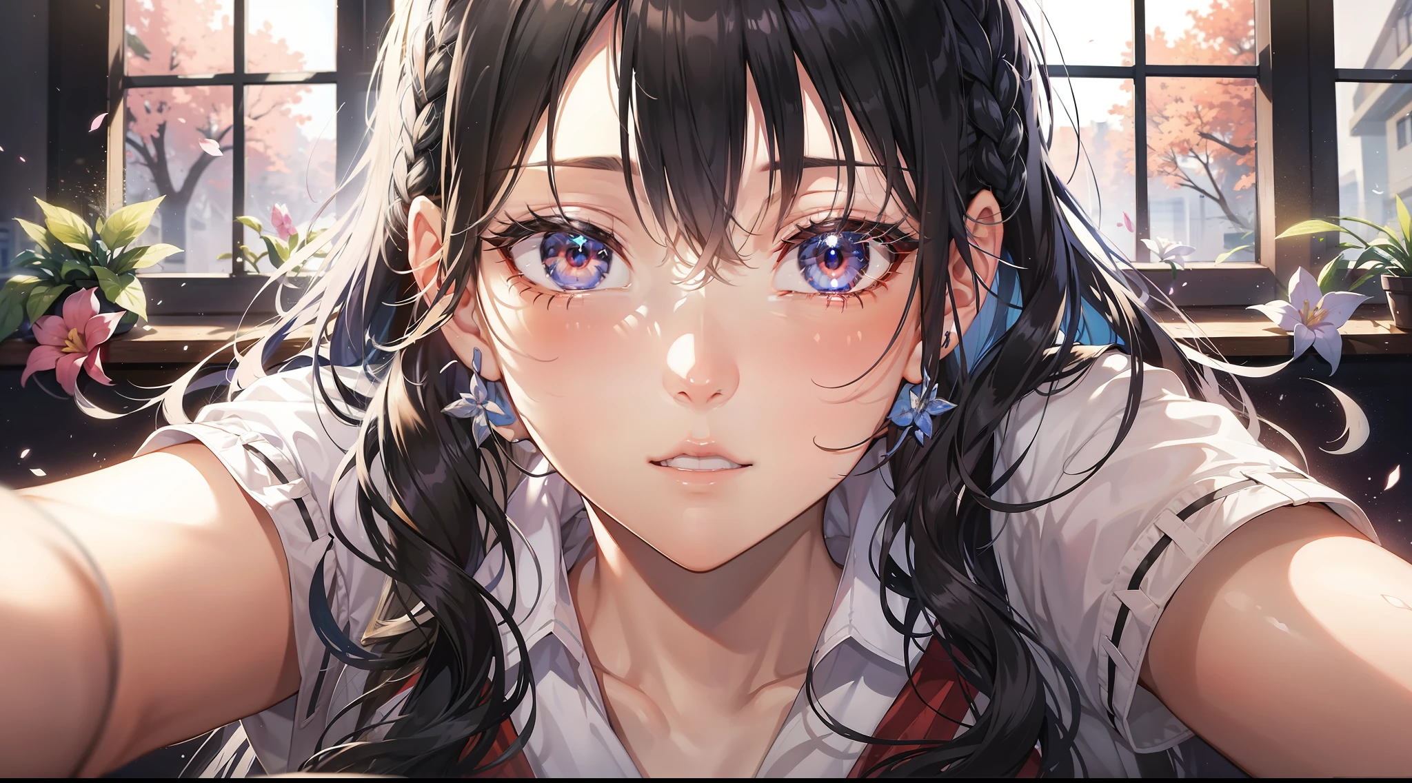 a beautiful female, selfie on the school classroom, sit on the table, wearing , besides the windows, fireflowers on the dark sky, gradient hair, black hair, silver hair, blue hair, hair behind ear, long hair, eye reflection, close-up, first-person view, symmetry, polar opposites, high detail, ray tracing, reflection light, masterpiece, best quality, anatomically correct, super detail, textured skin, UHD, highres, HD