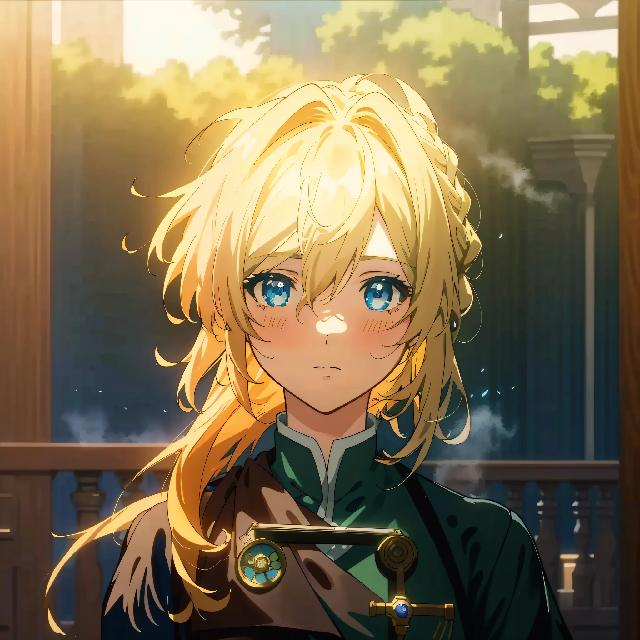 Best quality, masterpiece, highly detailed, anime, 1 girl, upper body, this painting depicts a beautiful girl in a green M40 field suit, perfect face, blonde hair, blue eyes, glowing eyes, slightly messy hair, M40 field suit, battlefield background, looking at the audience, exuding a sad atmosphere, a blonde girl with blue eyes, in the animated film, violet Evergarden, anime movie screenshots, today's featured anime stills, anime vision of cute girls, the whole painting uses ((( mist))) aesthetics, the performance of light and shadow effects is comparable to the color effect of color photon effects. This lady looks very feminine, but with some braid elements, and the image is very detailed.