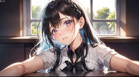 a beautiful female, selfie on the school classroom, sit on the table, wearing school uniform, besides the windows, fireflowers o...