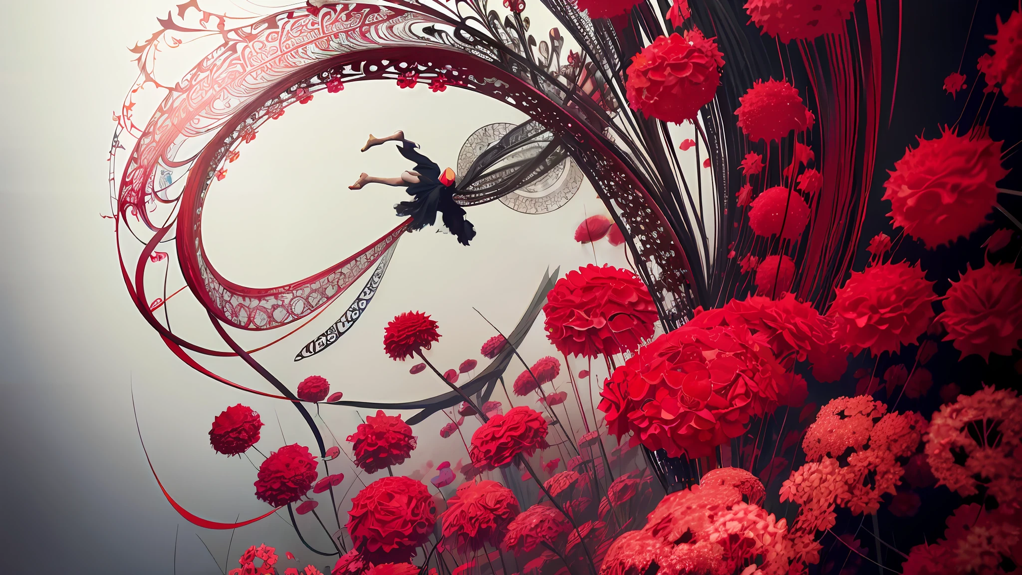 official art, unity 8k wallpaper, ultra detailed, beautiful and aesthetic, masterpiece, best quality, (zentangle, mandala, tangle, entangle), (fractal art:1.3) , 1girl, red flowers,  extremely detailed, dynamic angle, cowboyshot, the most beautiful form of chaos, elegant, a brutalist designed, vivid colours, romanticism, by james jean, roby dwi antono, ross tran, francis bacon, michal mraz, adrian ghenie, petra cortright, gerhard richter, takato yamamoto, ashley wood, atmospheric