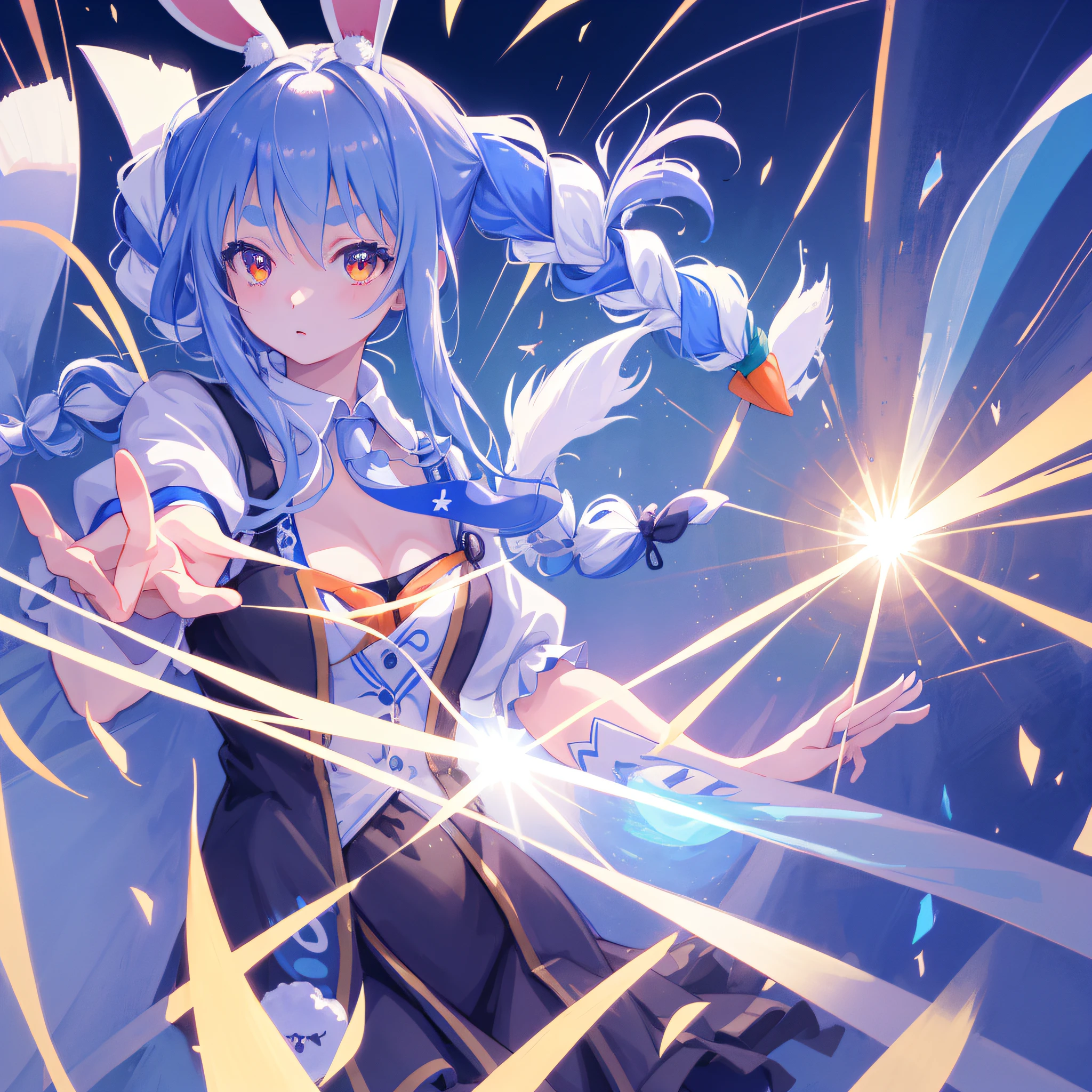 (figure: Used Pekora), bunny girl, blue hair, twin braids, a girl, 独奏, {{masterpiece}}, best quality, extremely detailed CG unity 8k wallpaper, cinematic lighting, lens flare, beautiful detail eyes, side glance, colorful light, particles,