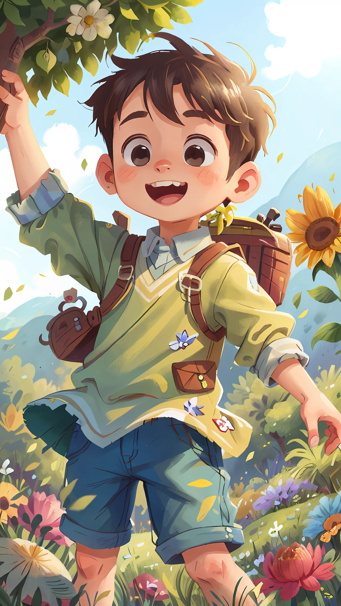 A boy, hillside, meadow, happy, happy, perfect quality, clear focus, (masterpiece: 1.2), (realistic: 1.2), (bokeh), (best quality), (detailed skin: 1.3), (complex details), (detail eyes), (sharp focus), (happy)