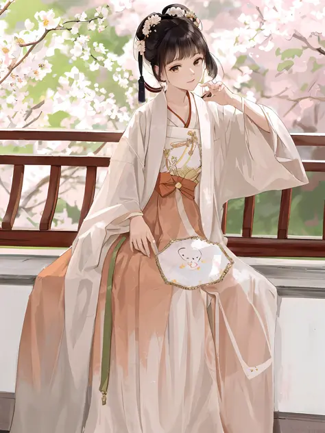araffe woman in a long dress sitting on a bench, white hanfu, hanfu, pale and coloured kimono, palace ， a girl in hanfu, wearing...