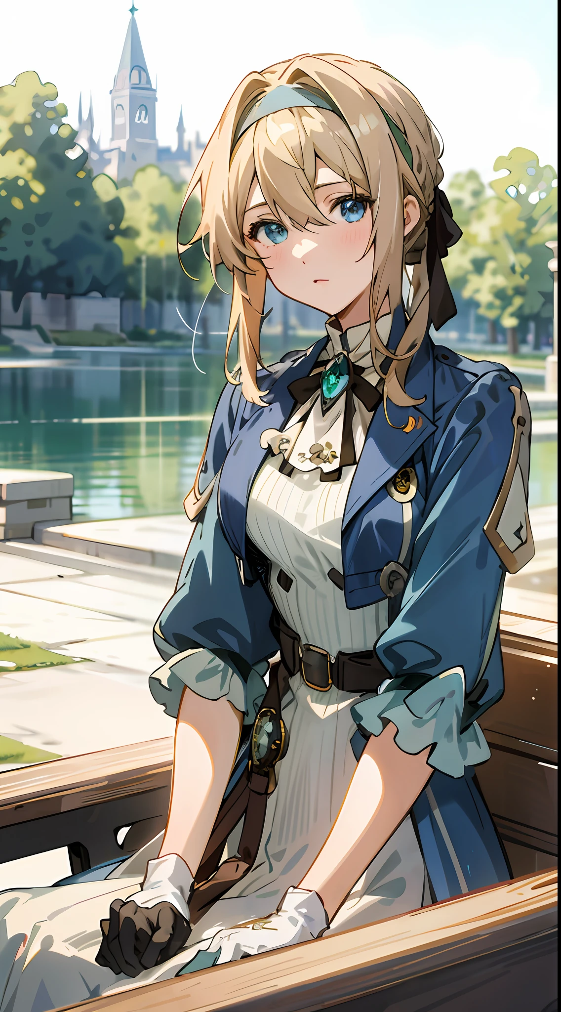 Best quality, masterpiece, highly detailed, anime, 1 girl, upper body, violet_evergarden, medium breasts, perfect face, blonde hair, headband, blue eyes, glowing eyes, blue jacket, long sleeves, white dress, green gemstones, brown gloves, outdoors, looking at the audience, blue-eyed girl sitting on a bench by the lake, violet eternal garden