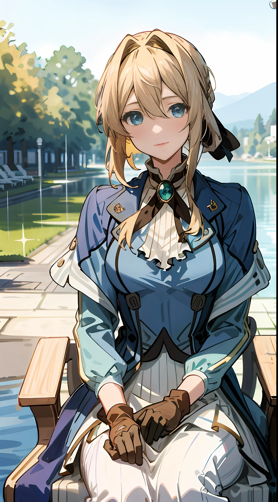 Best quality, masterpiece, highly detailed, anime, 1 girl, upper body, violet_evergarden, medium breasts, perfect face, blonde hair, headband, blue eyes, glowing eyes, blue jacket, long sleeves, white dress, green gemstones, brown gloves, outdoors, looking at the audience, blue-eyed girl sitting on a bench by the lake, violet eternal garden