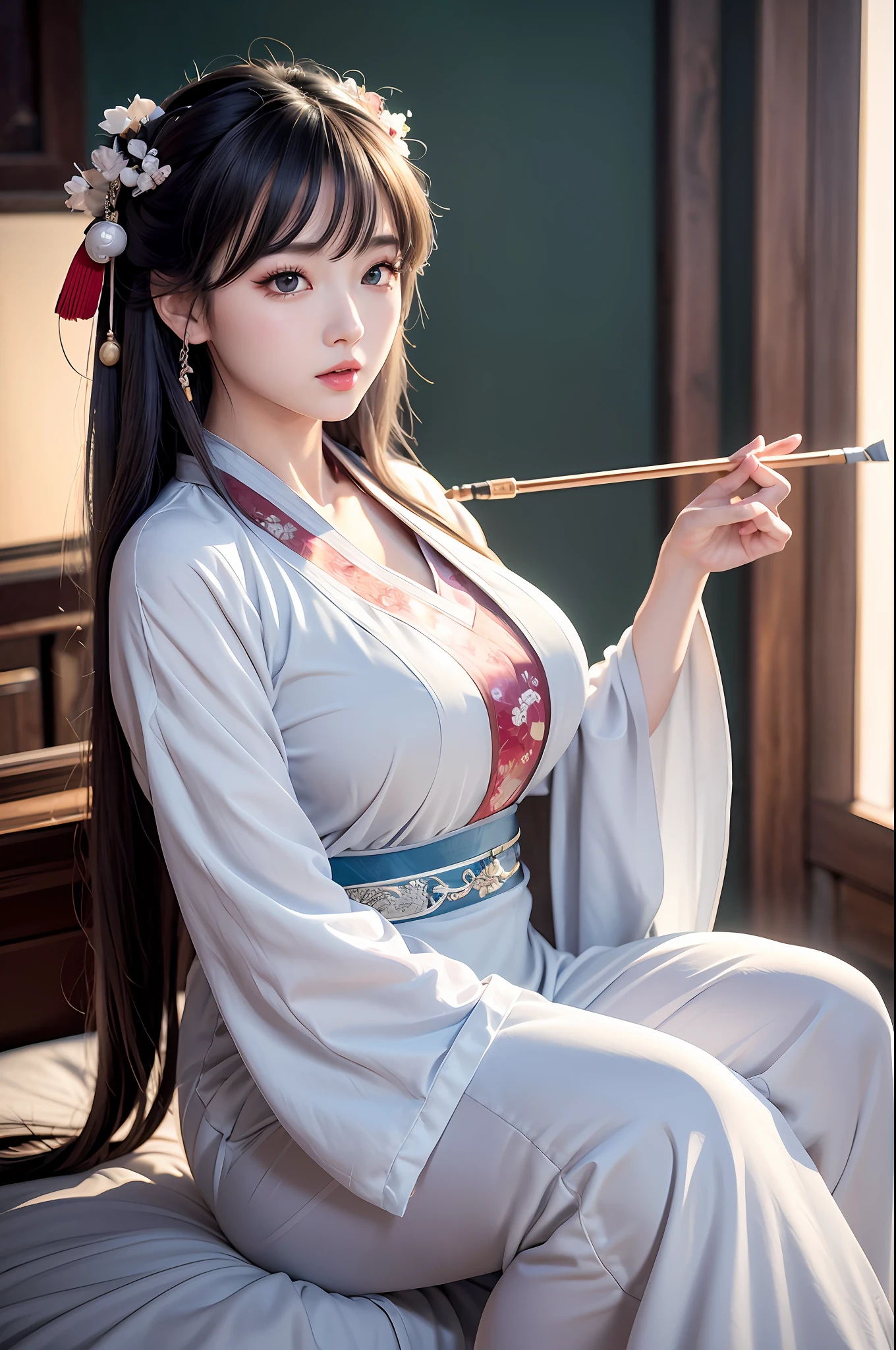 ulzzang-6500-v1.1,(raw photo:1.2),((photorealistic:1.4))best quality,masterpiece, illustration, an extremely decision and beautiful, extremely detailed,CG,unity,8k wallpaper, Amazing, finely detail, masterpiece, best quality, official art, very detailed CG unified 8k wallpaper, ridiculous, incredibly ridiculous, huge file size, super detailed, high resolution, very detailed, beautiful detailed girl, very detailed eyes and face, beautiful detailed eyes, light on face, movie lighting, ((gorgeous sexy hanfu)), 1girl, full body, full body photo, see-through, looking at the audience, ((gray hair)), huge breasts, Lie in bed