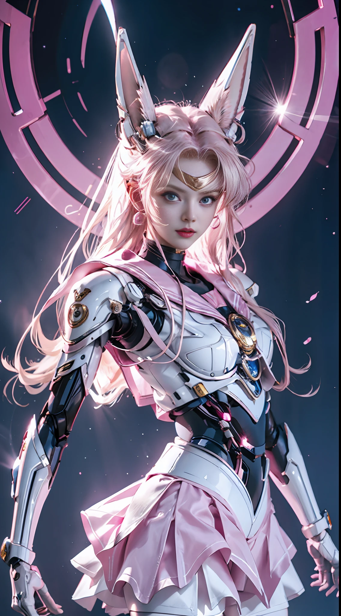 1 mechanical girl: 1.4, Sailor Moon, white mechanical arm, humanoid body, pink sailor suit, good-looking face, sailor Moon, wings, moon hare, rabbit ears, mechanical ears, white top, blonde hair, mechanical arm, pink skirt, side, halo, sci-fi background, hair glowing hair, forehead hair light, moon, panorama, archery, wings on the background