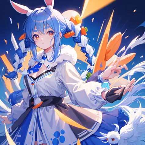 (人物: Usada Pekora), bunny girl, blue hair, twin braids, a girl, solo, {{masterpiece}}, best quality, extremely detailed CG unity...