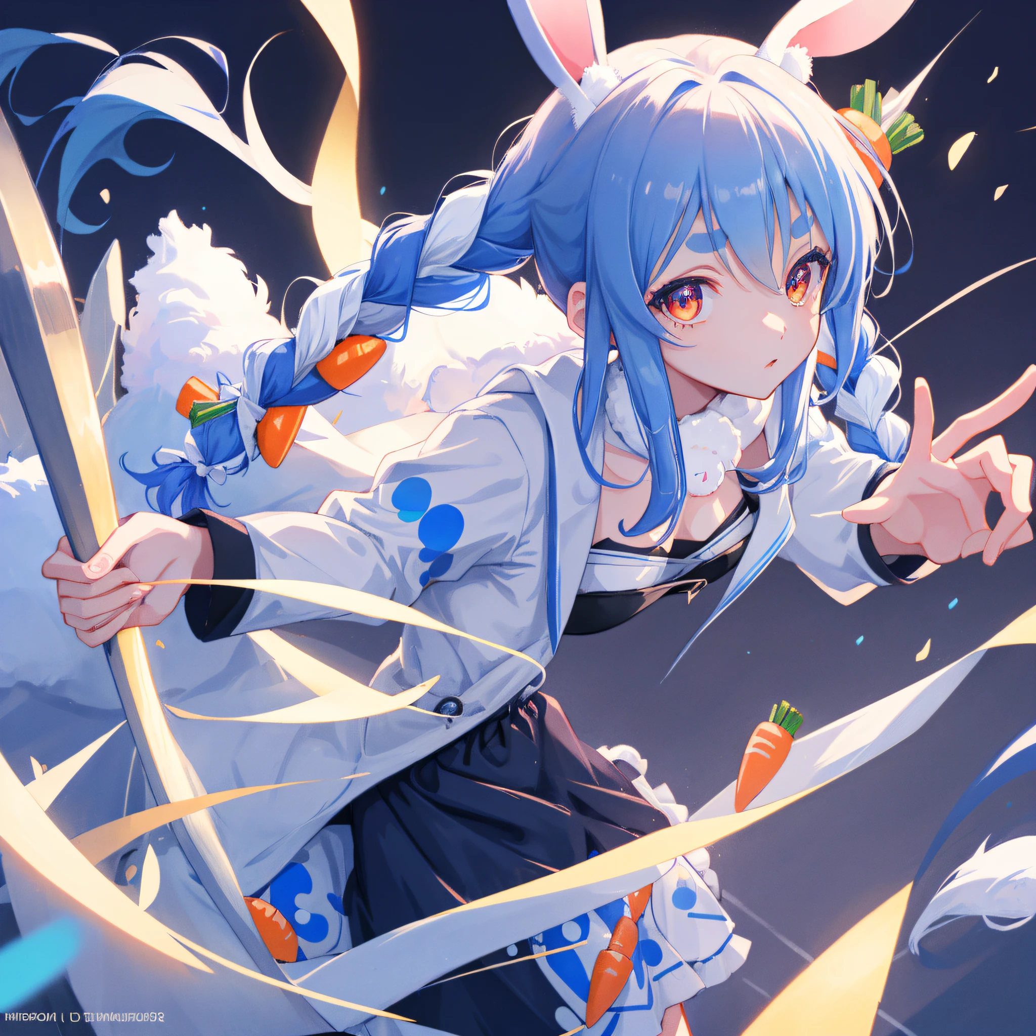 (figure: Used Pekora), bunny girl, blue hair, twin braids, a girl, 独奏, {{masterpiece}}, best quality, extremely detailed CG unity 8k wallpaper, cinematic lighting, lens flare, beautiful detail eyes, side glance, colorful light, particles,