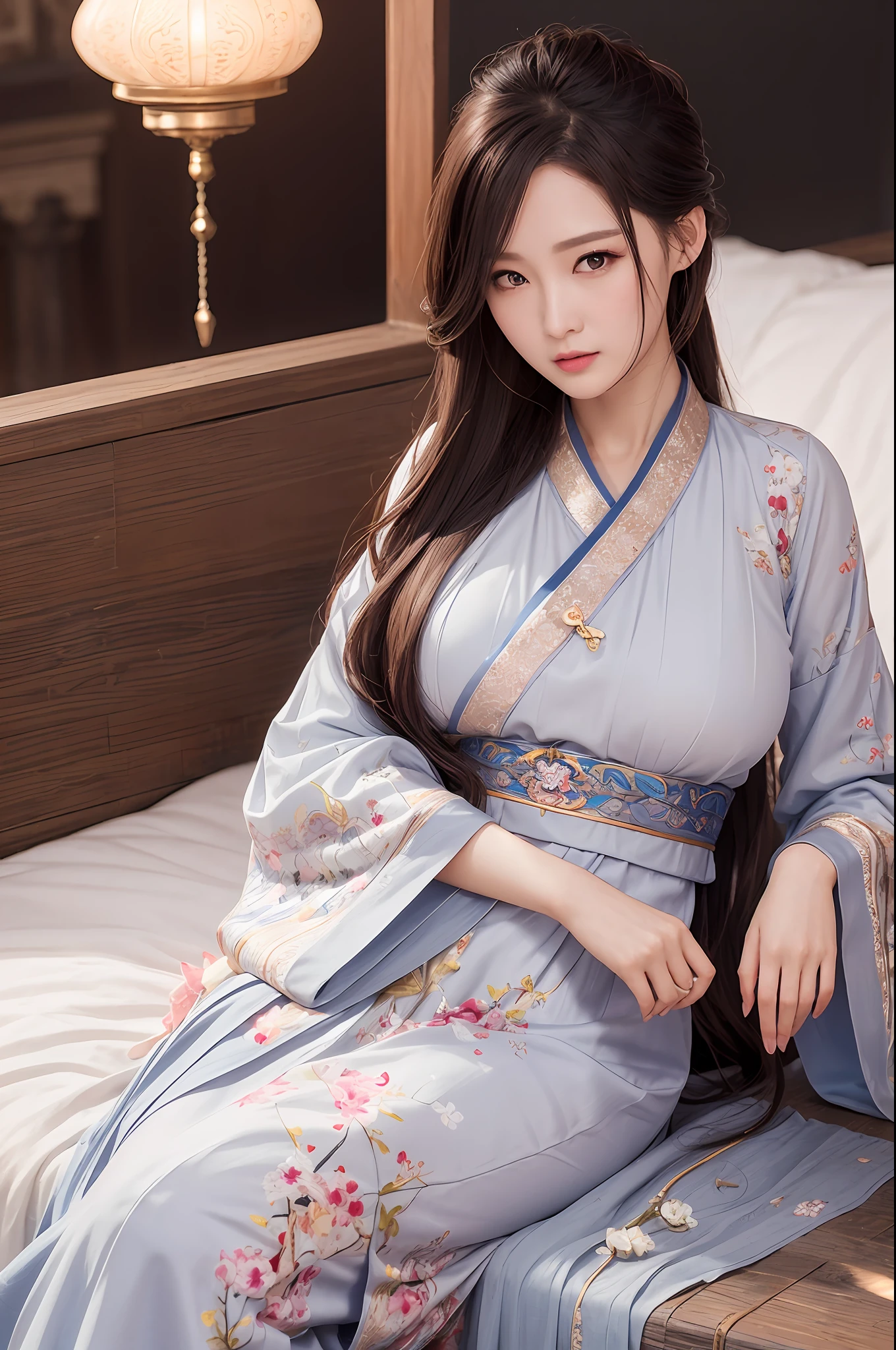 ulzzang-6500-v1.1,(raw photo:1.2),((photorealistic:1.4))best quality,masterpiece, illustration, an extremely decision and beautiful, extremely detailed,CG,unity,8k wallpaper, Amazing, finely detail, masterpiece, best quality, official art, very detailed CG unified 8k wallpaper, ridiculous, incredibly ridiculous, huge file size, super detailed, high resolution, very detailed, beautiful detailed girl, very detailed eyes and face, beautiful detailed eyes, light on face, movie lights, ((gorgeous sexy open hanfu)), 1girl, full body, full body photo, perspective, looking at the audience, ((gray hair)), huge breasts, Lie in bed