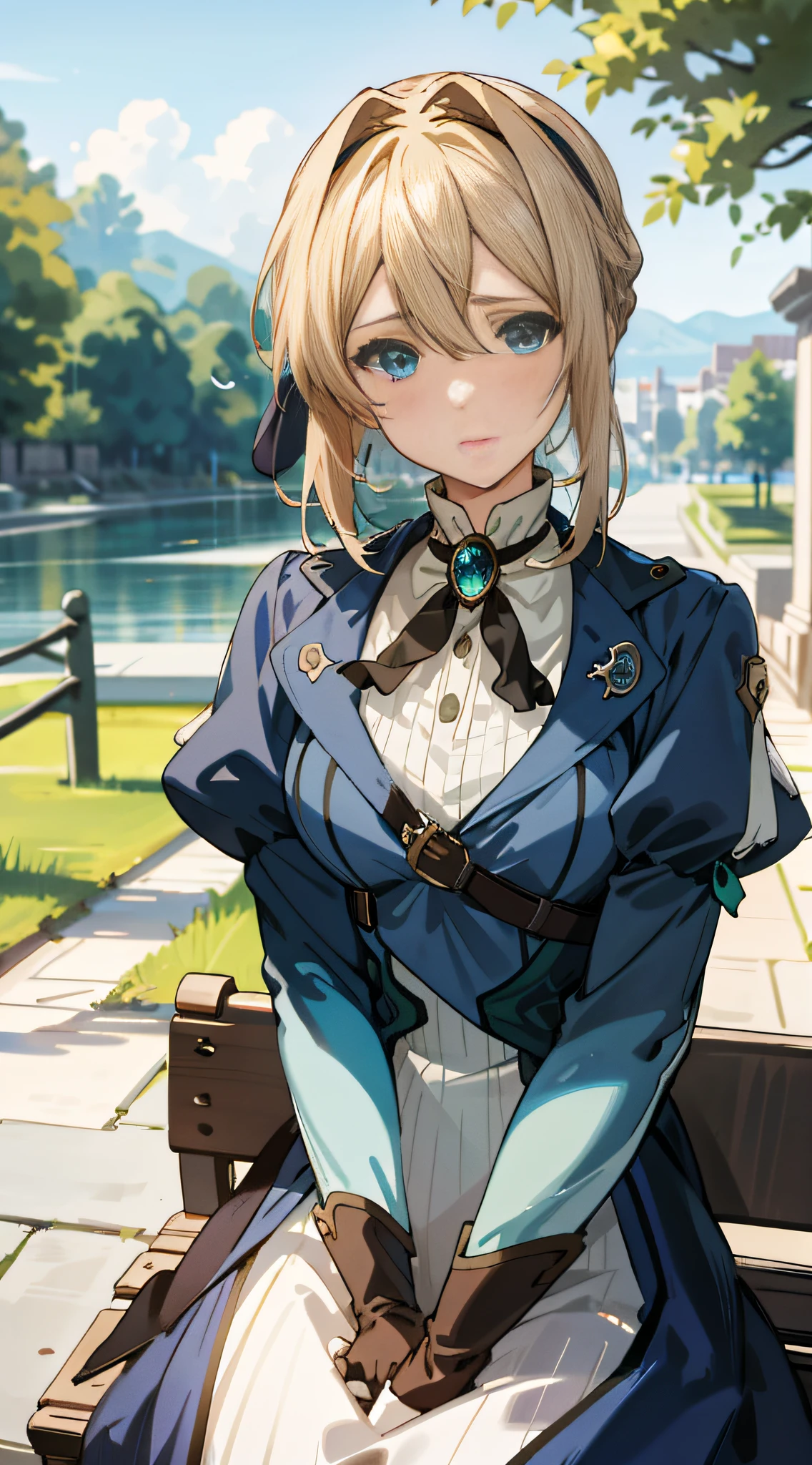 Best quality, masterpiece, highly detailed, anime, 1 girl, upper body, violet_evergarden, medium breasts, perfect face, blonde hair, headband, blue eyes, glowing eyes, blue jacket, long sleeves, white dress, green gemstones, brown gloves, outdoors, exuding sadness, looking at the audience, blue-eyed girl sitting on a bench by the lake, violet eternal garden, this lady looks very feminine with some braid elements, the image is very fine.